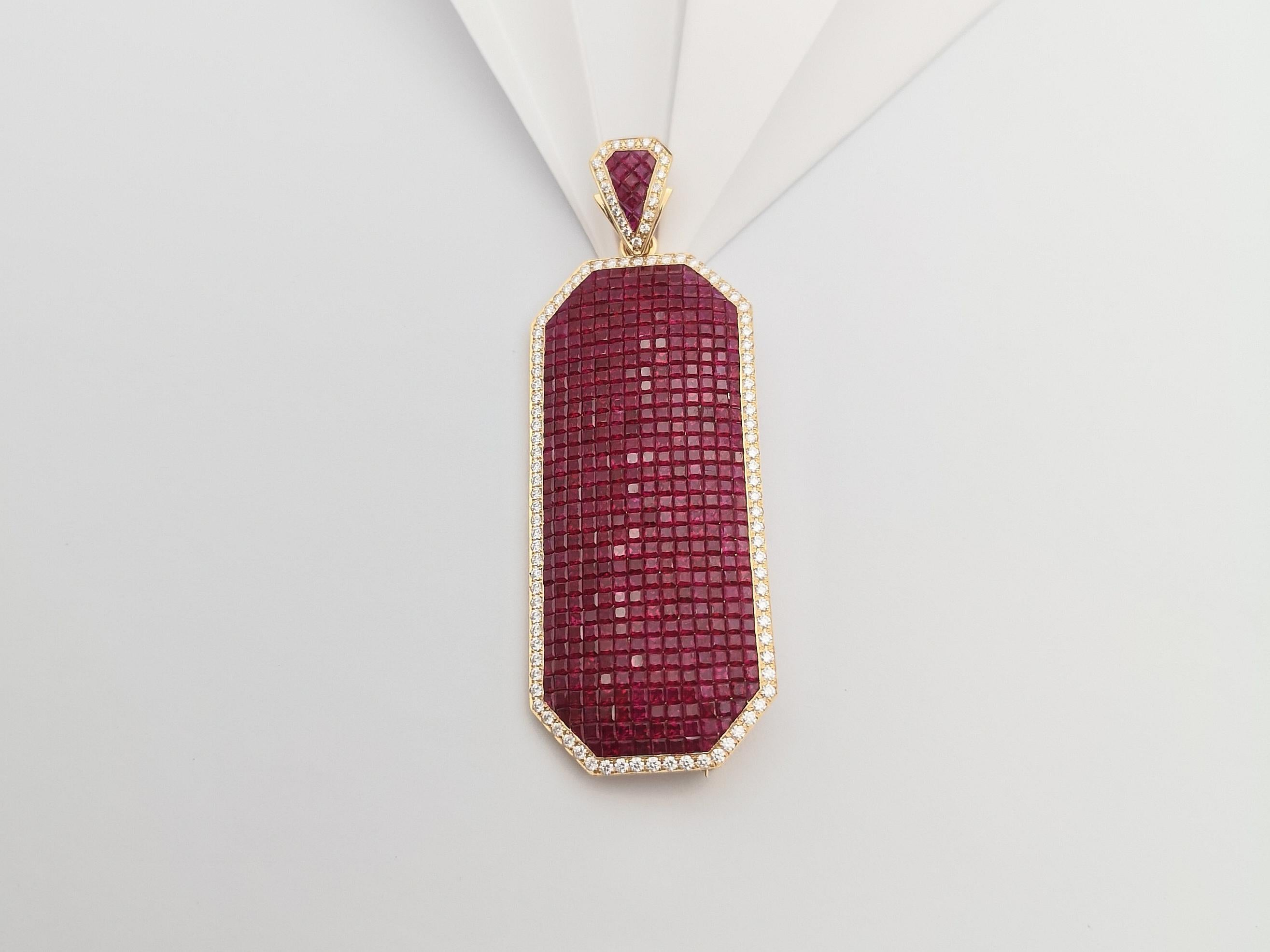 Art Deco Ruby with Diamond Brooch/Pendant set in 18 Karat Rose Gold Settings For Sale