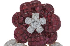Ruby with Diamond Flower Brooch Set in 18 Karat Gold Settings