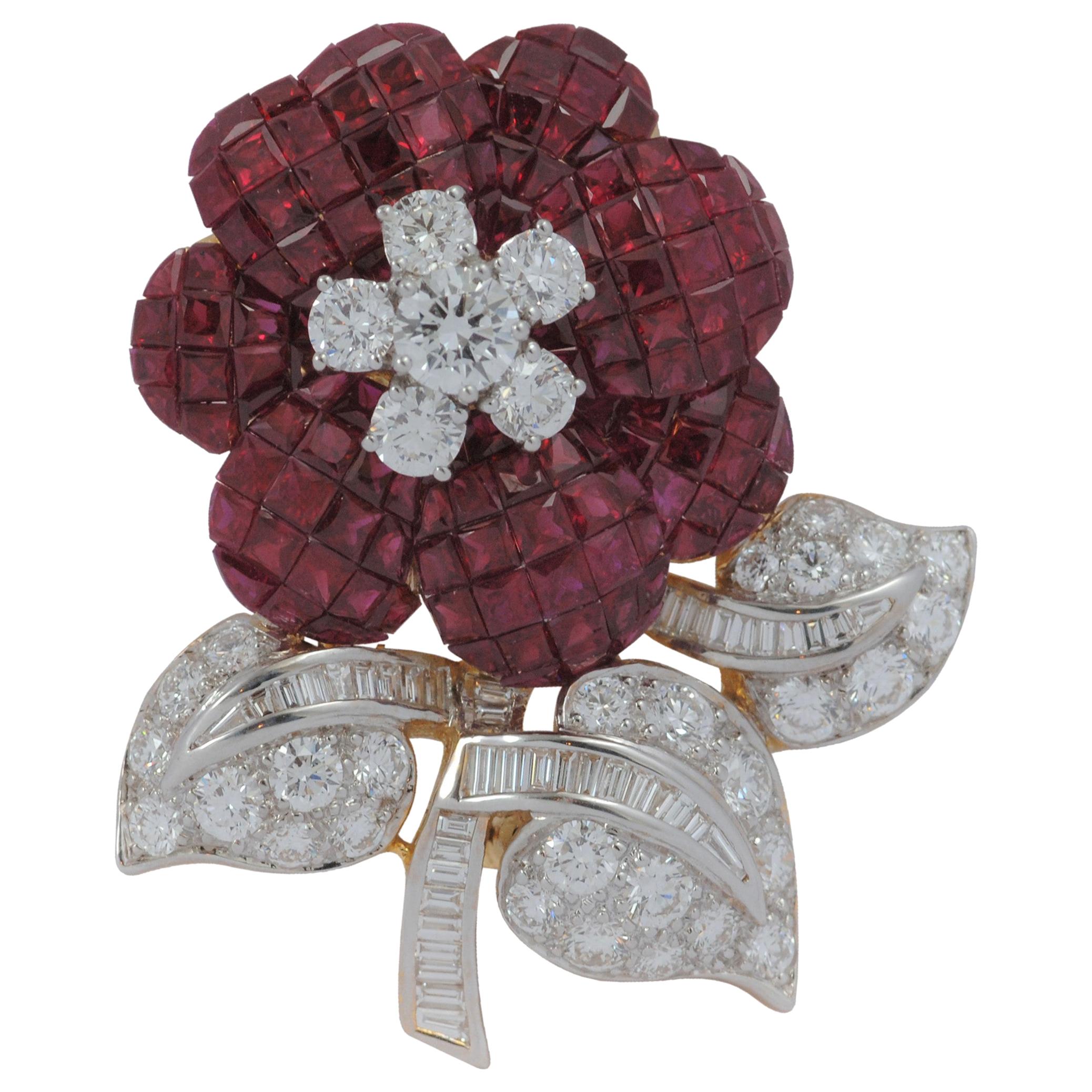 Ruby with Diamond Flower Brooch Set in 18 Karat Gold Settings