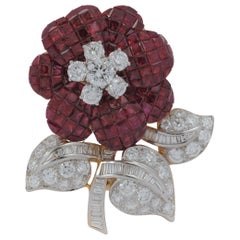 Ruby with Diamond Flower Brooch Set in 18 Karat Gold Settings