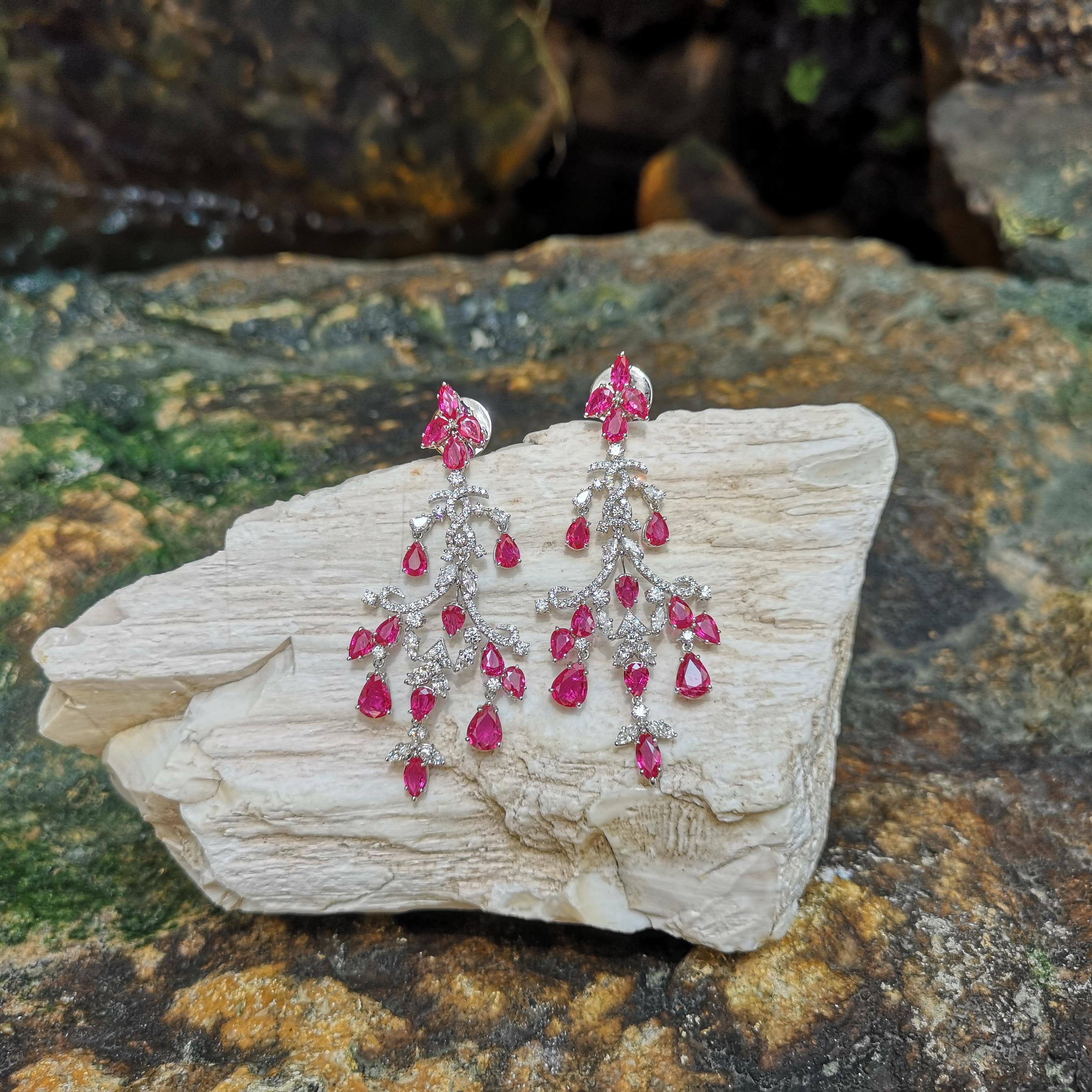 Contemporary Ruby with Diamond Chandelier Earrings Set in 18 Karat White Gold Settings For Sale