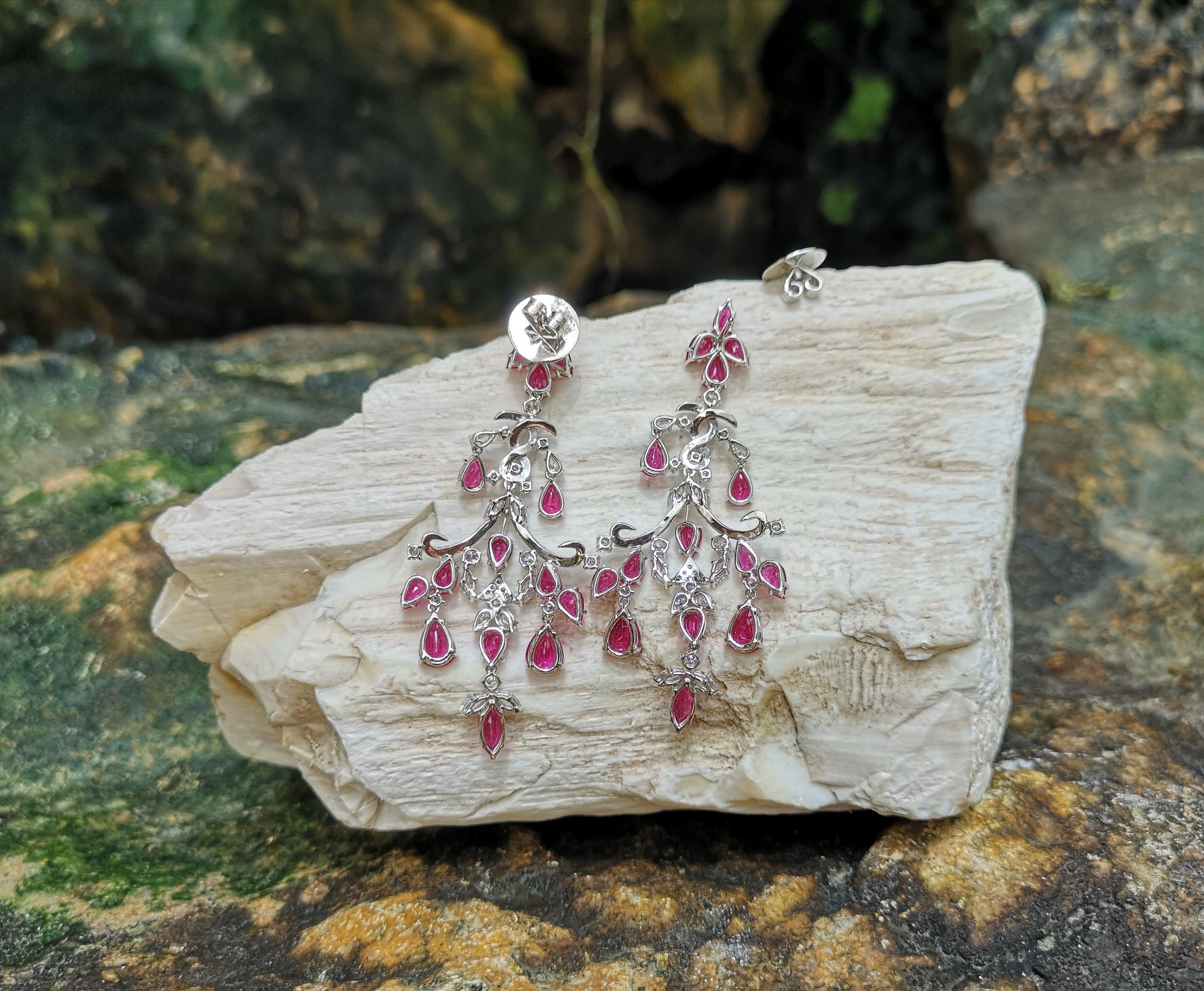 Women's Ruby with Diamond Chandelier Earrings Set in 18 Karat White Gold Settings For Sale