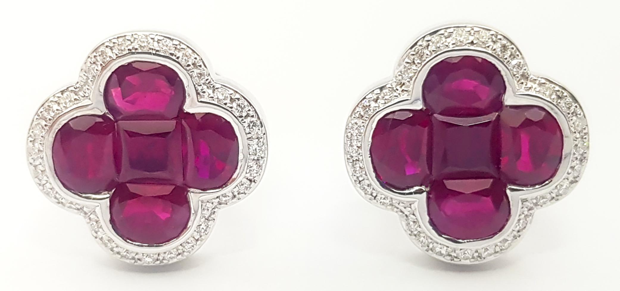 Contemporary Ruby with Diamond Clover Earrings set in 18K White Gold Settings For Sale