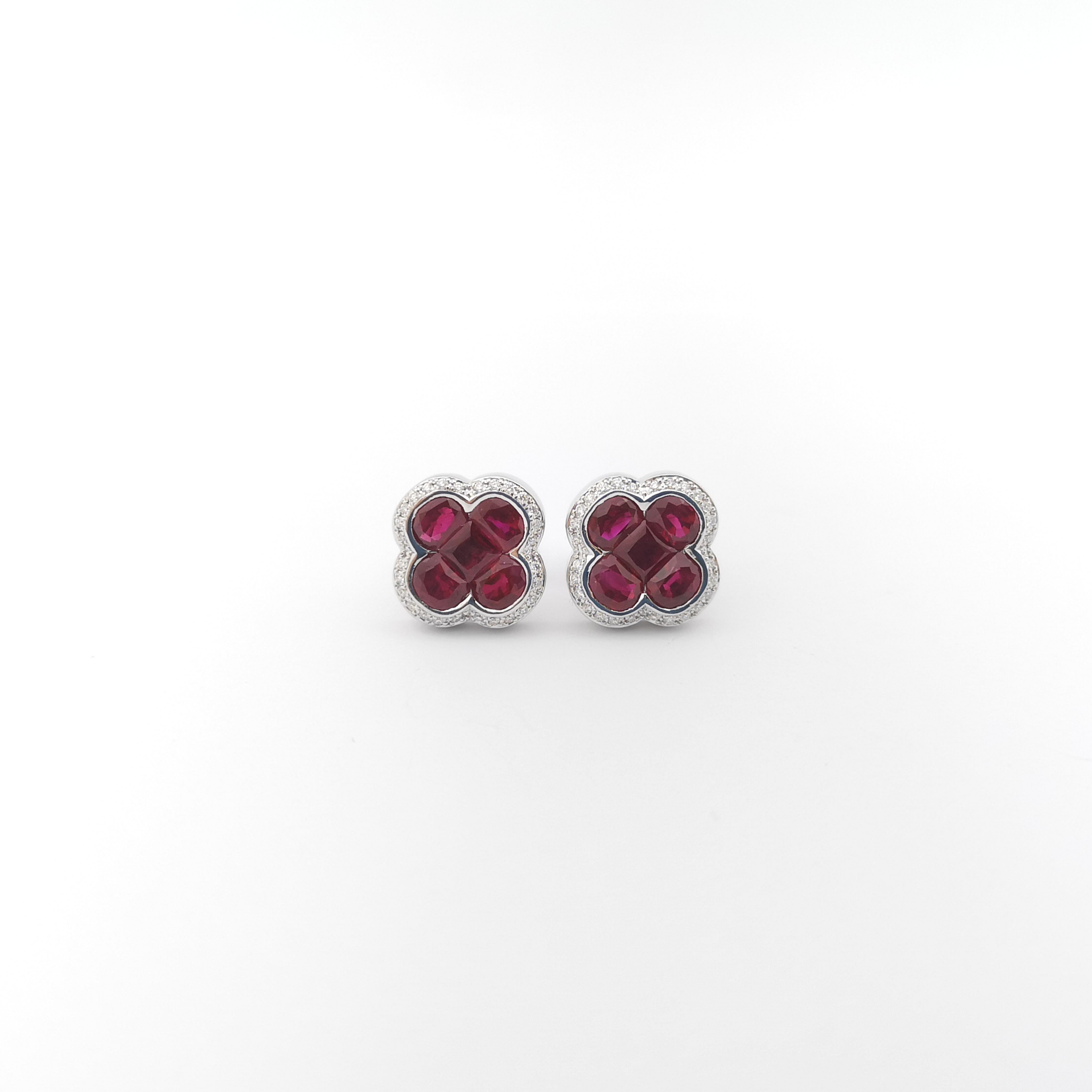 Mixed Cut Ruby with Diamond Clover Earrings set in 18K White Gold Settings For Sale