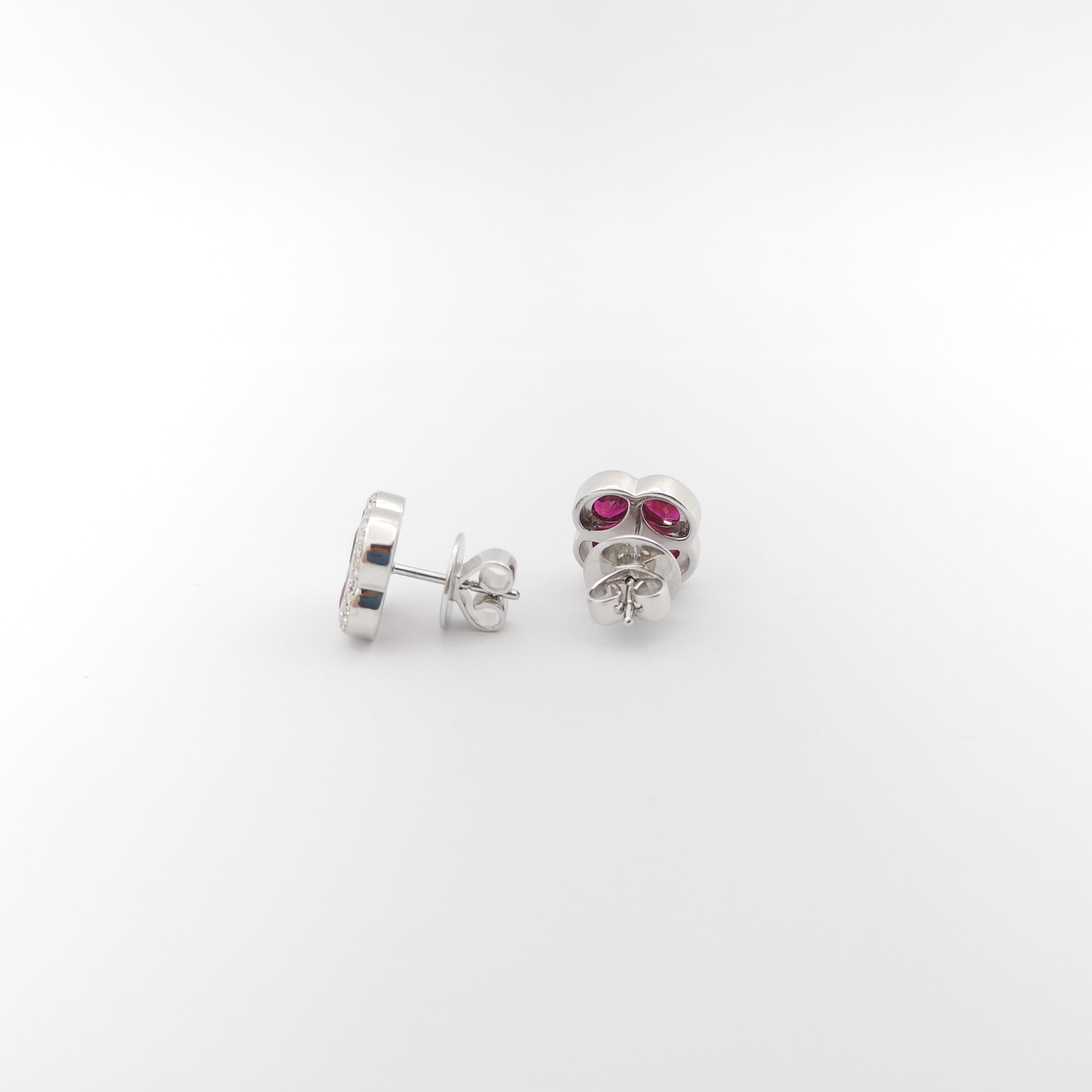 Women's Ruby with Diamond Clover Earrings set in 18K White Gold Settings For Sale