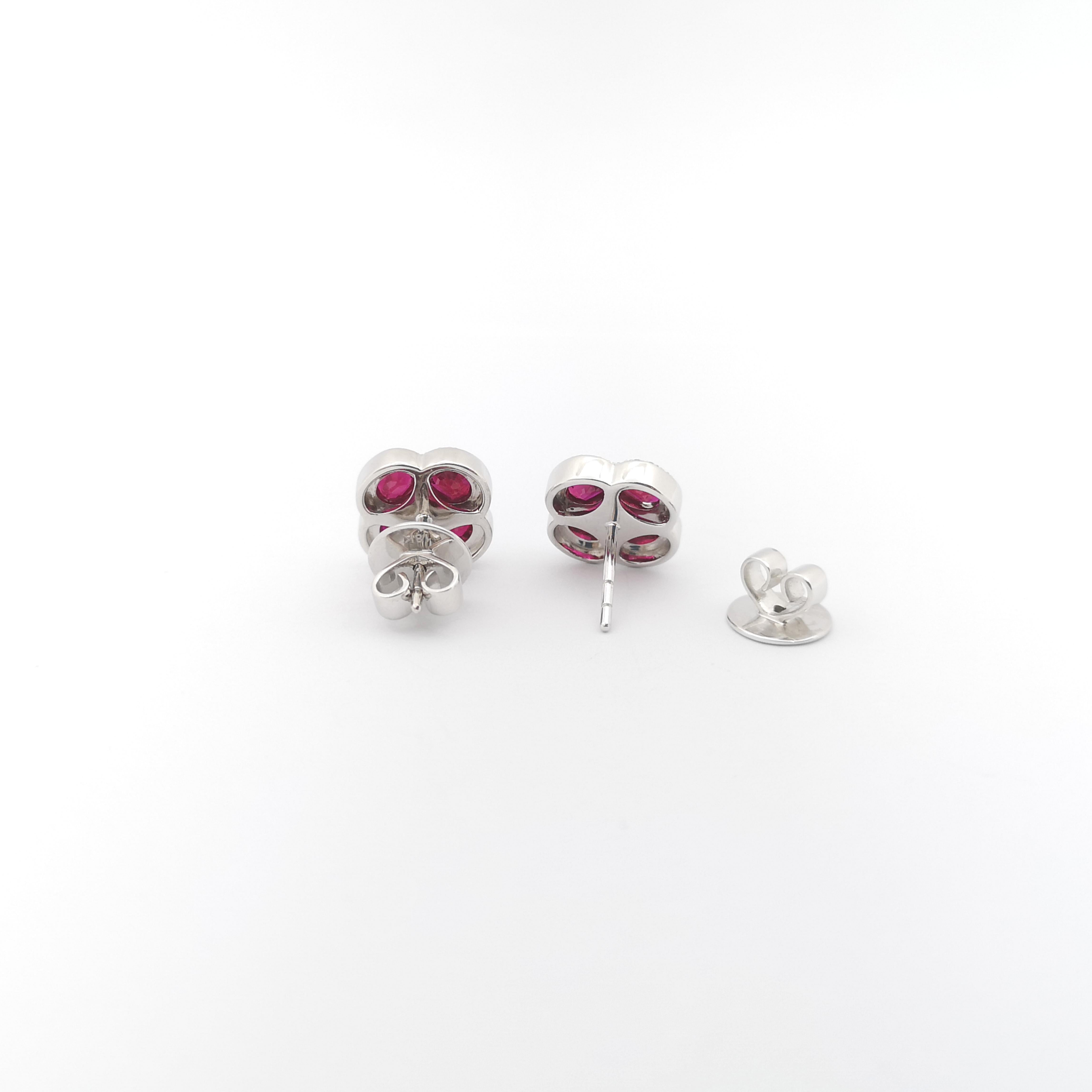 Ruby with Diamond Clover Earrings set in 18K White Gold Settings For Sale 1