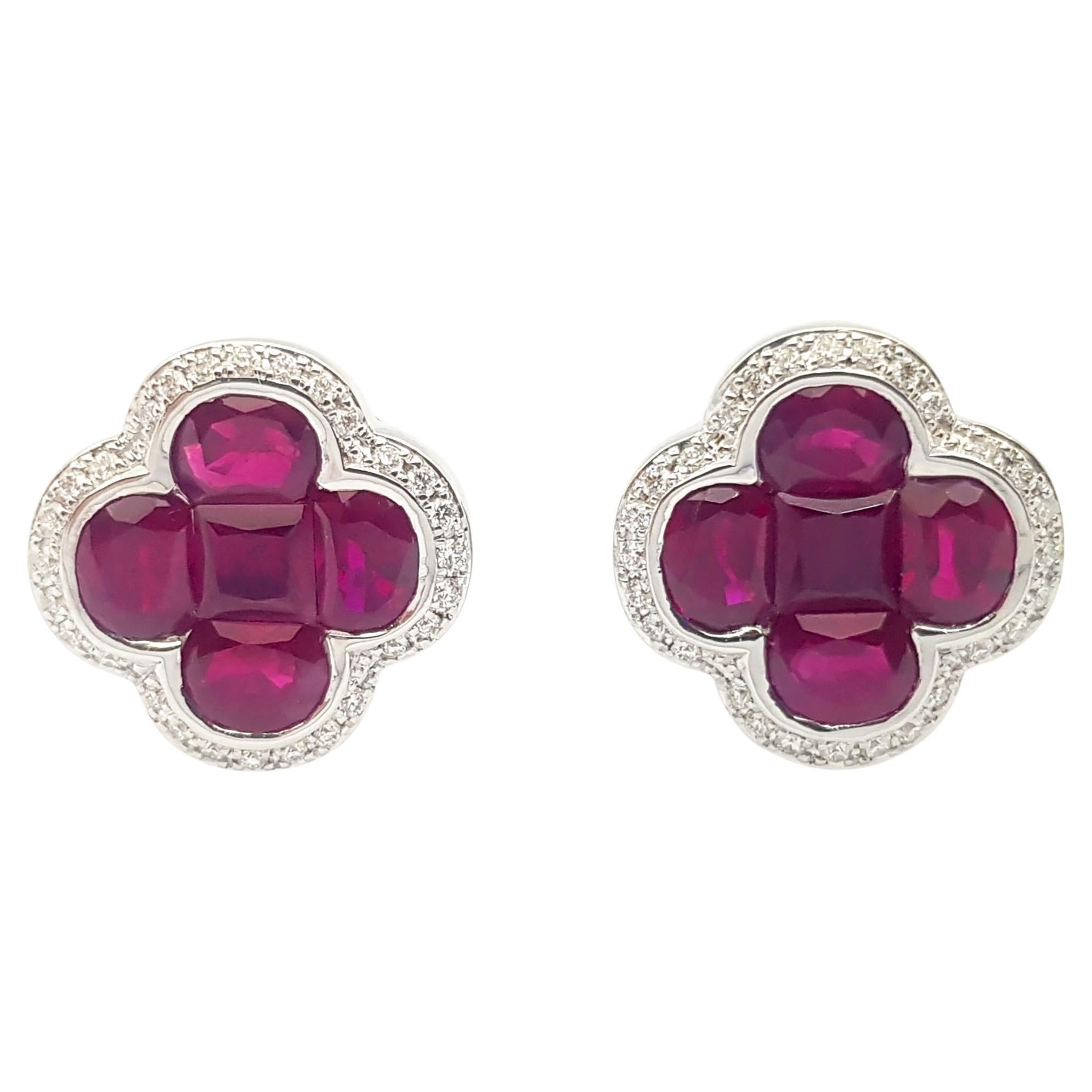 Ruby with Diamond Clover Earrings set in 18K White Gold Settings For Sale