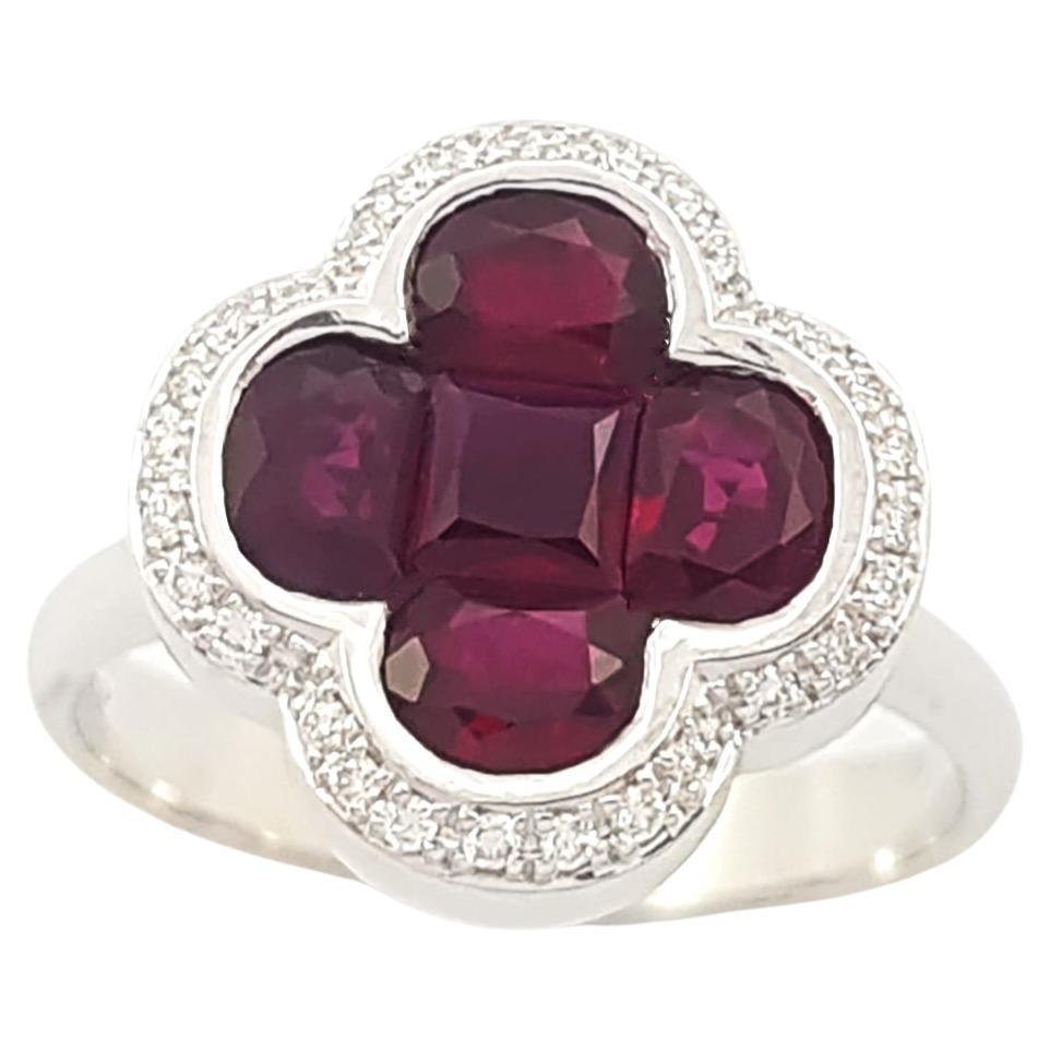 Ruby with Diamond Clover Ring set in 18K White Gold Settings
