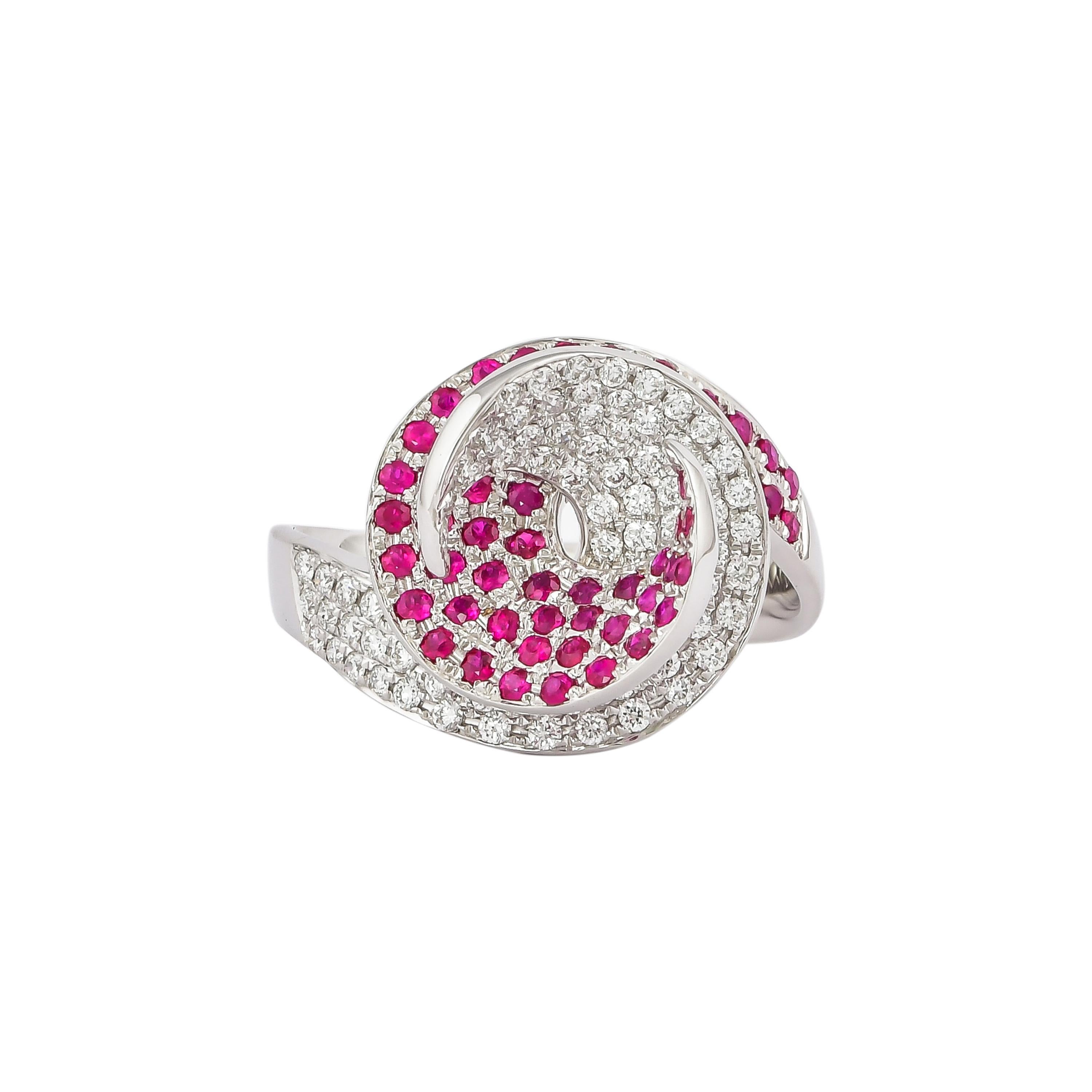 Contemporary Ruby with Diamond Cocktail Ring in 14 Karat White Gold For Sale