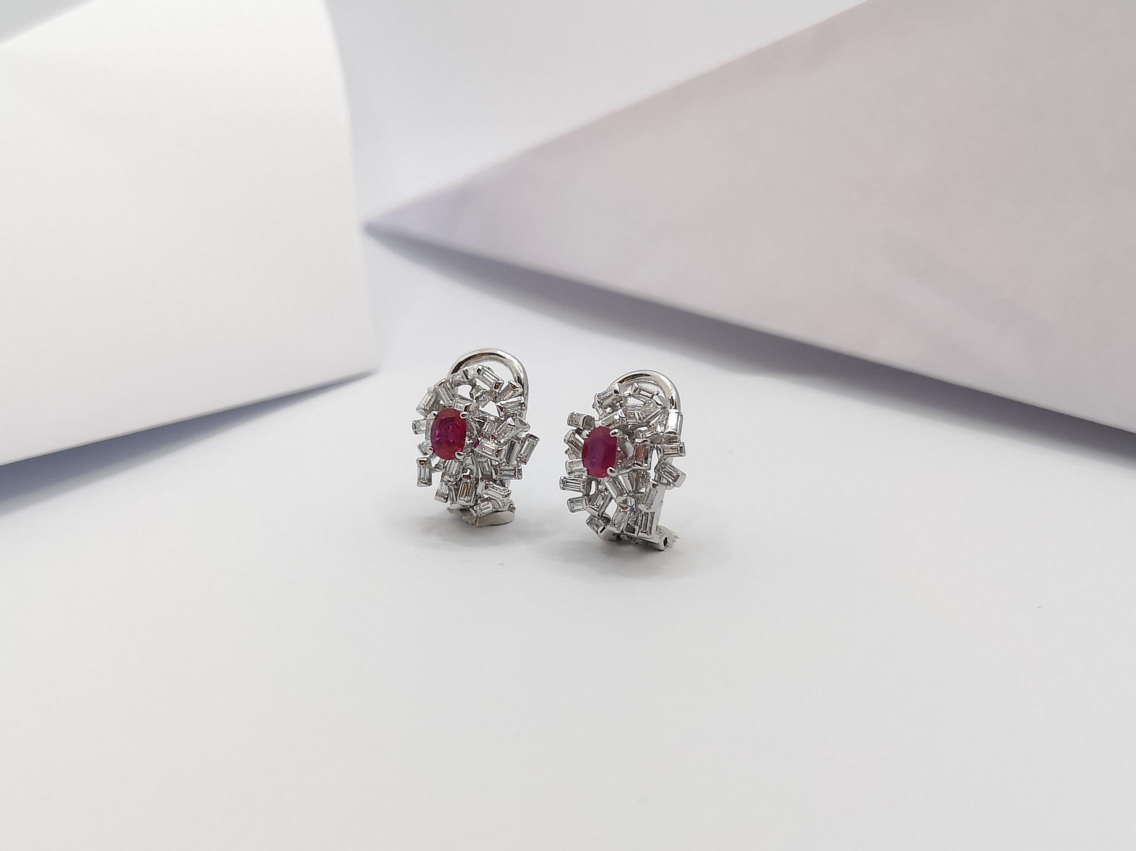 Mixed Cut Ruby with Diamond Earrings Set in 14 Karat White Gold Settings For Sale