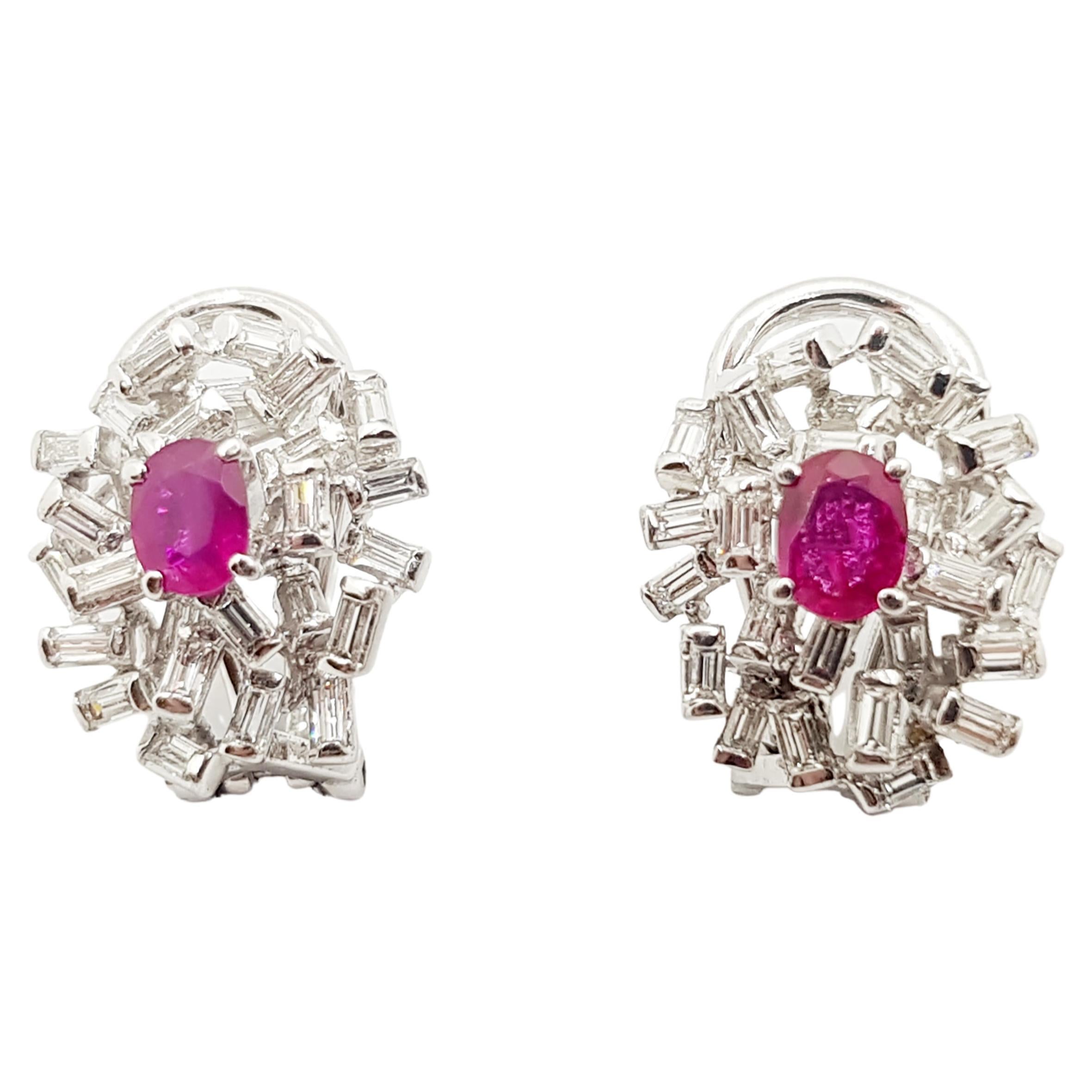 Ruby with Diamond Earrings Set in 14 Karat White Gold Settings For Sale