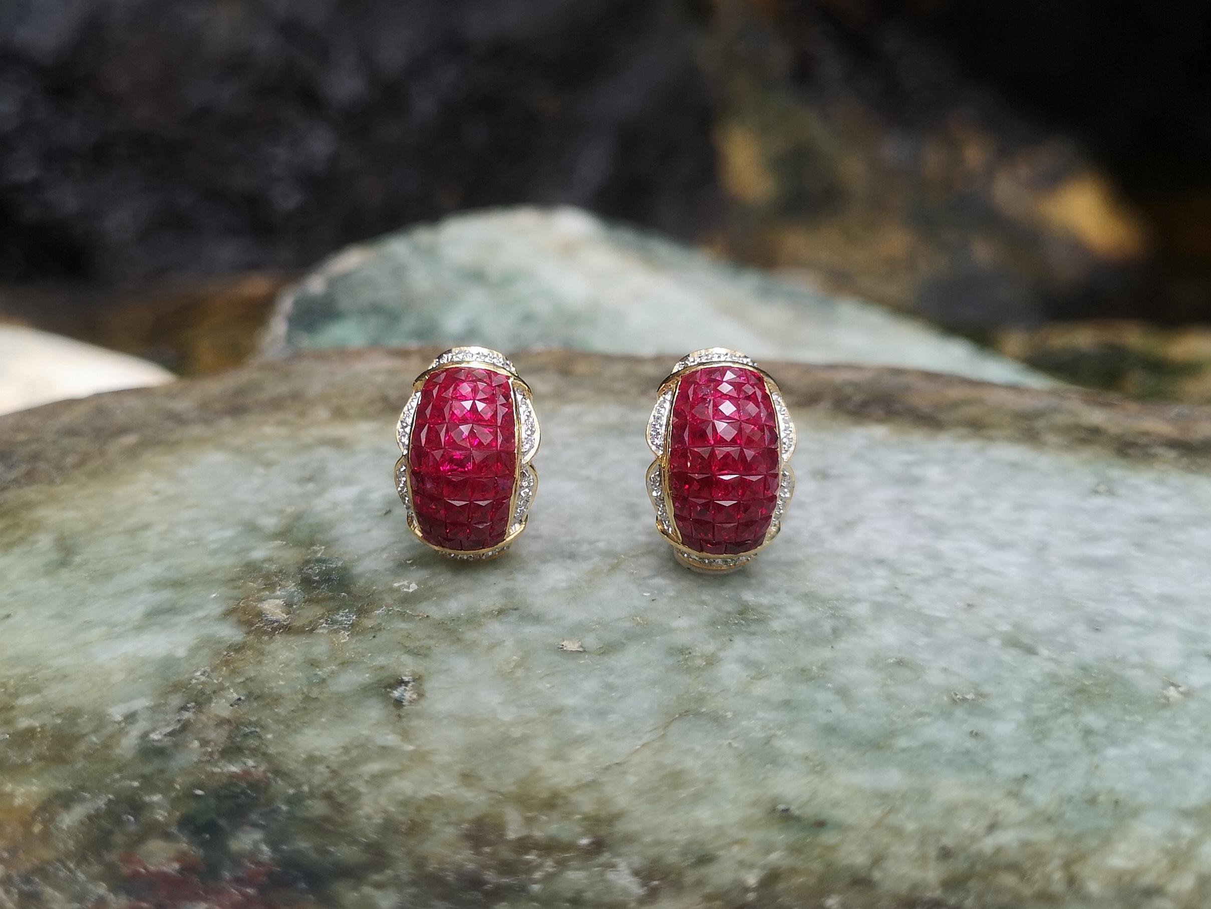 Mixed Cut Ruby  with Diamond Earrings set in 18 Karat Gold Settings For Sale