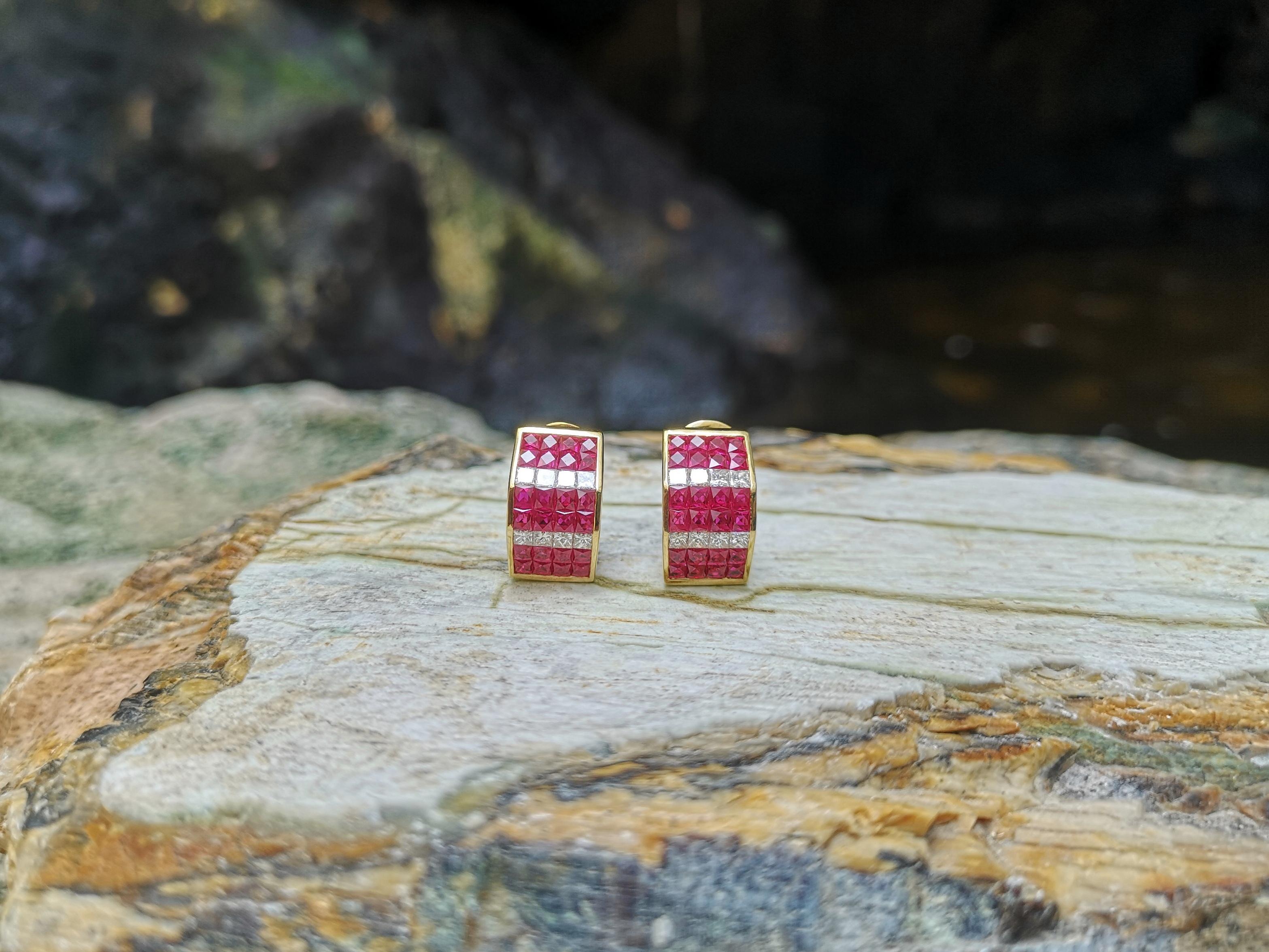 Mixed Cut Ruby with Diamond Earrings set in 18 Karat Gold Settings For Sale