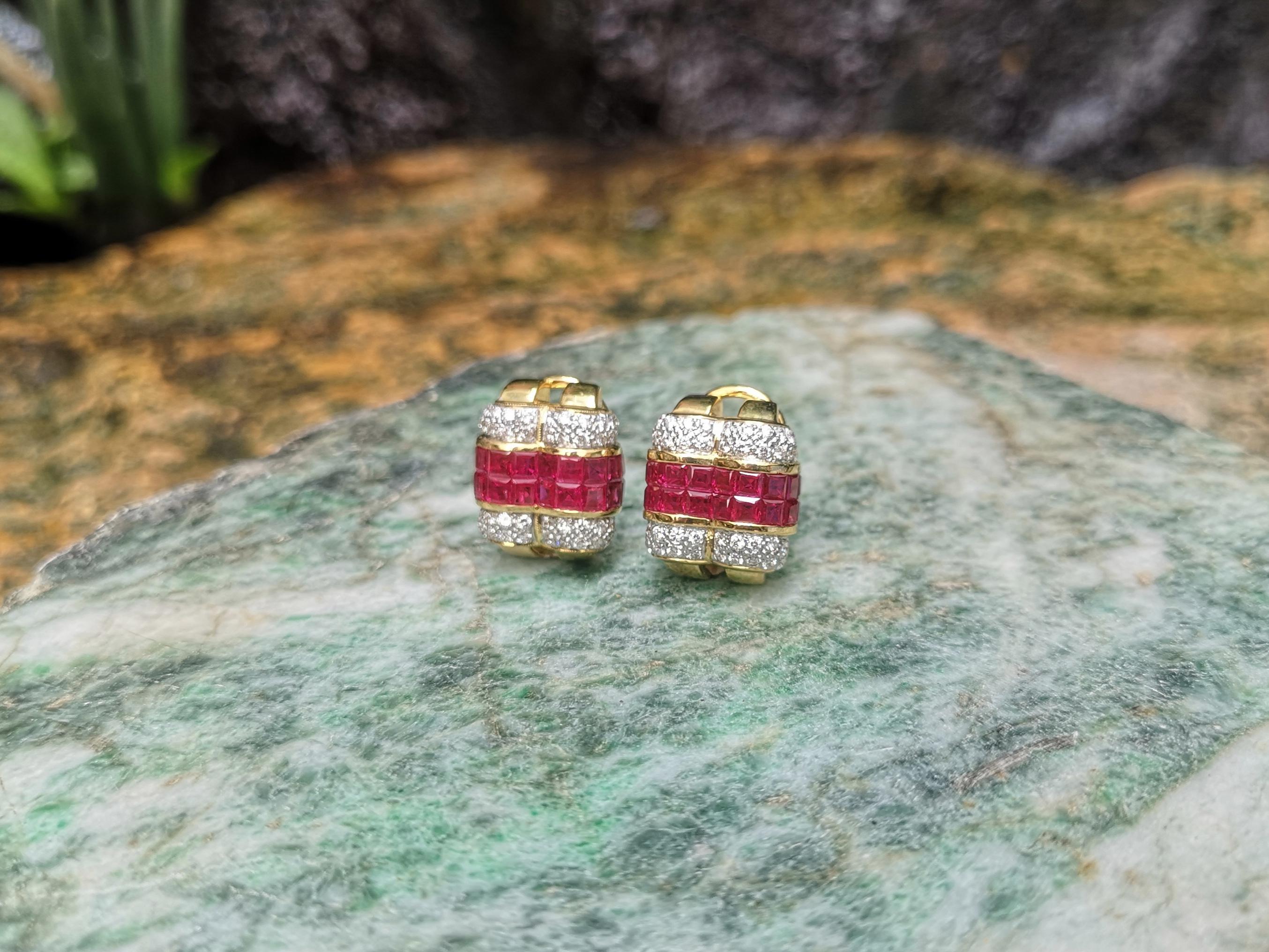 Pendientes de rubí con diamantes engastados en oro de 18 quilates Corte mixto en venta