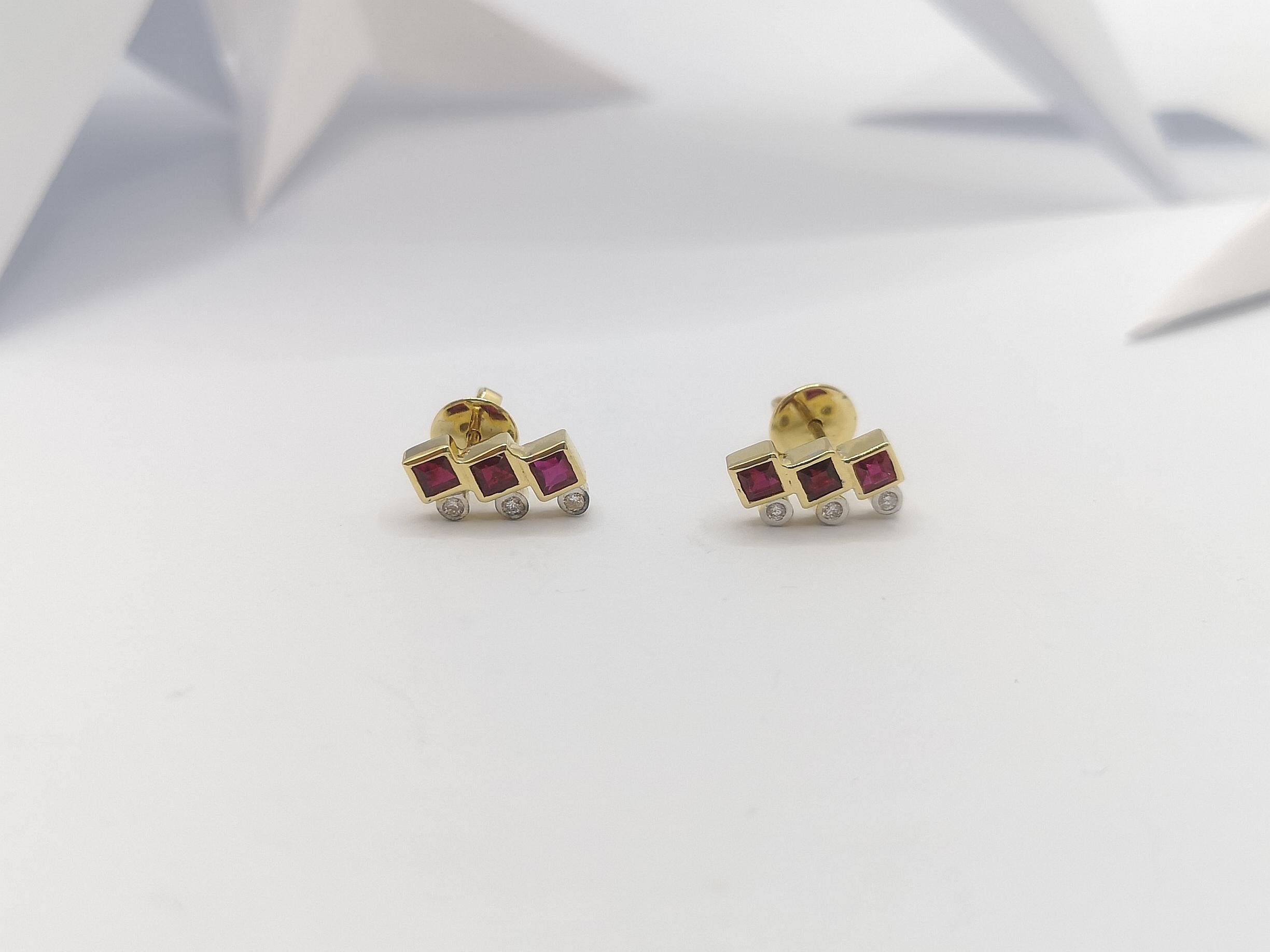 Princess Cut Ruby with Diamond Earrings Set in 18 Karat Gold Settings For Sale