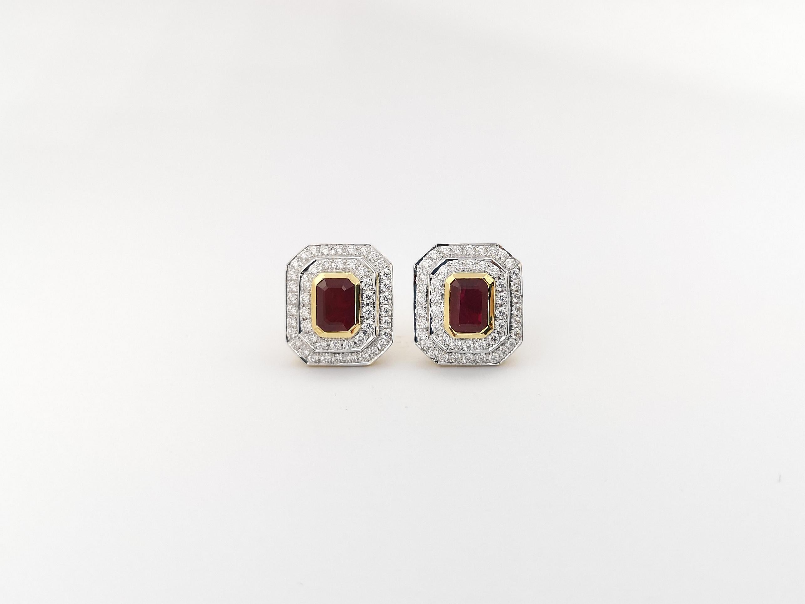 Emerald Cut Ruby with Diamond Earrings set in 18 Karat Gold Settings For Sale