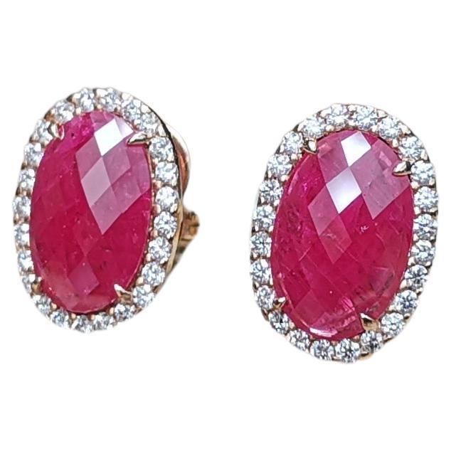 Checker Board Cut Ruby 7.50 carats with Diamond 0.82 carat Earrings set in 18 Karat Rose Gold Settings

Width:  1.3 cm 
Length: 1.8 cm
Total Weight: 6.5 grams

