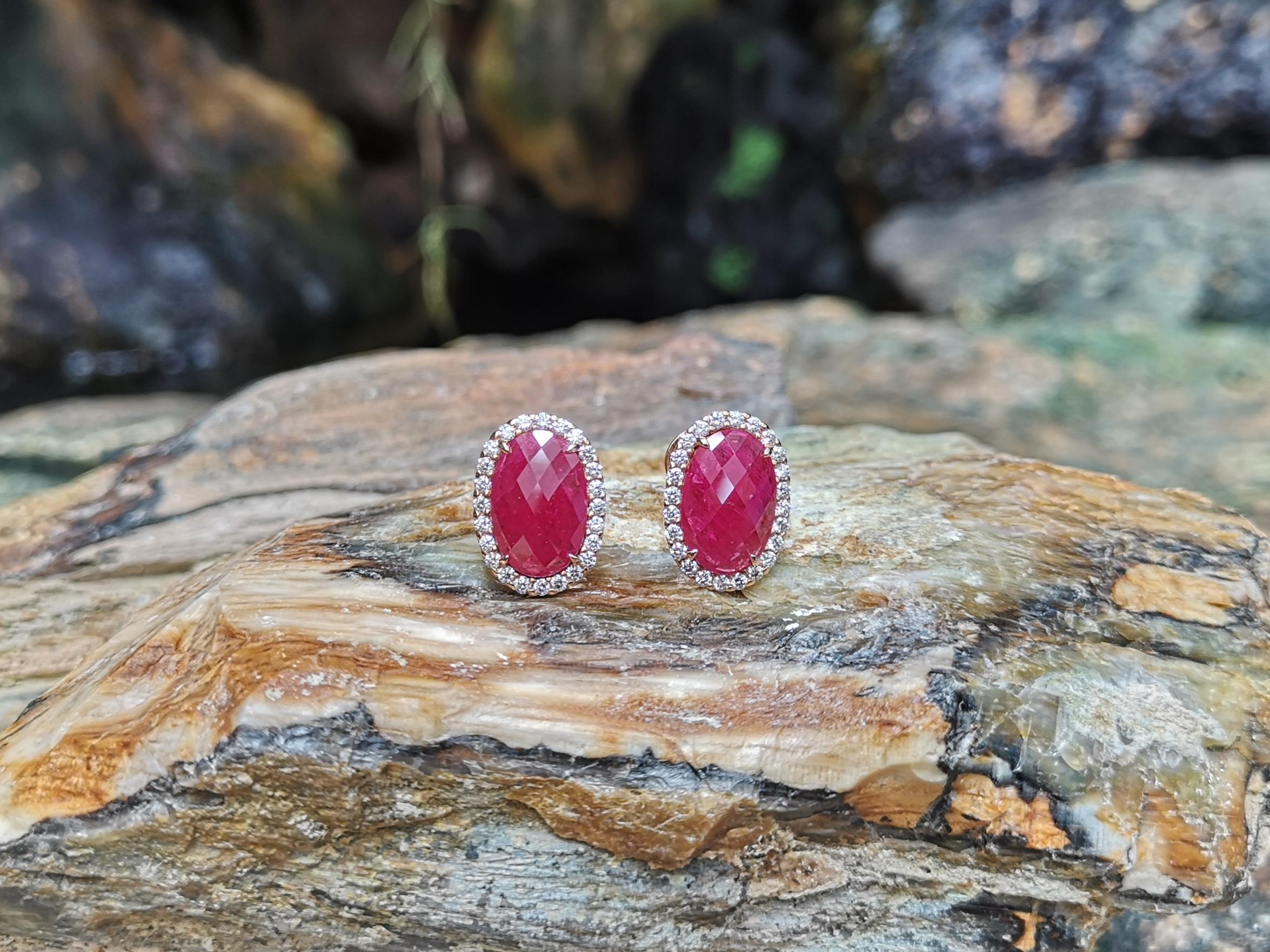 Cabochon Ruby with Diamond Earrings Set in 18 Karat Rose Gold Settings For Sale