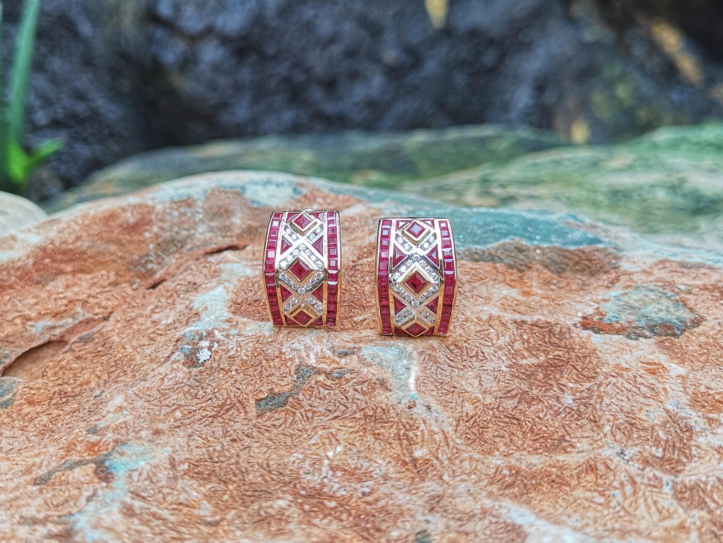 Mixed Cut Ruby with Diamond Earrings Set in 18 Karat Rose Gold Settings For Sale