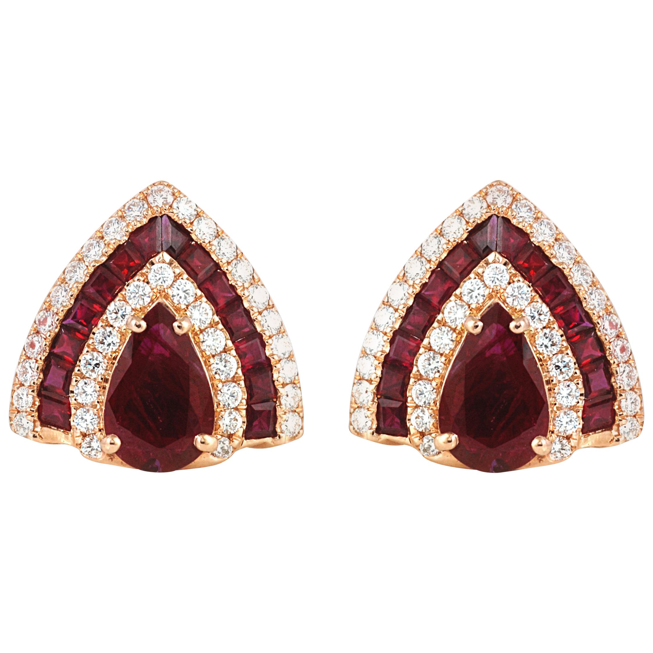 Ruby with Diamond Earrings Set in 18 Karat Rose Gold Settings