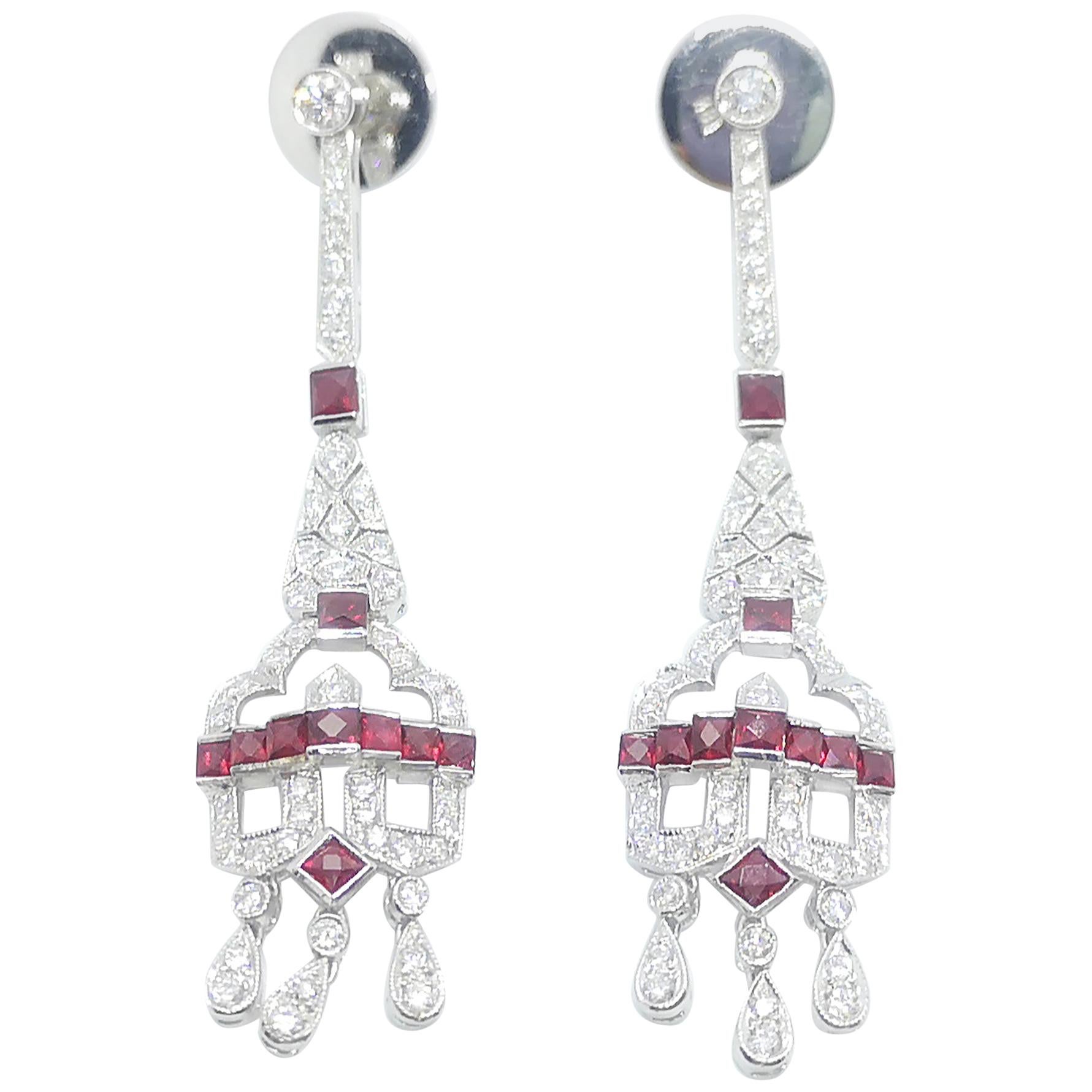 Ruby with Diamond Earrings Set in 18 Karat White Gold Settings For Sale