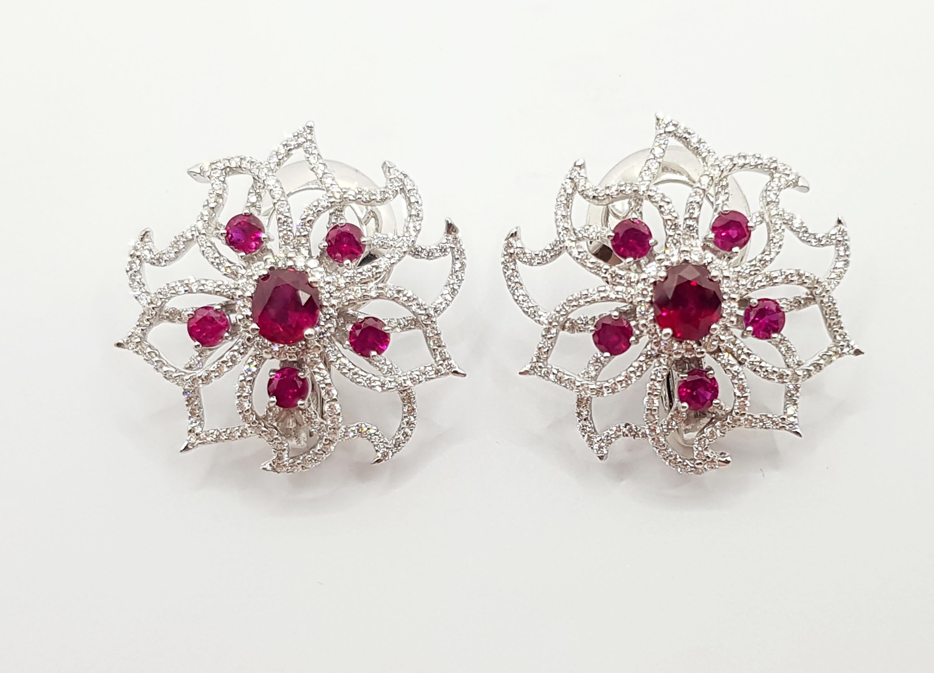 Ruby with Diamond Earrings set in 18 Karat White Gold Settings For Sale 3