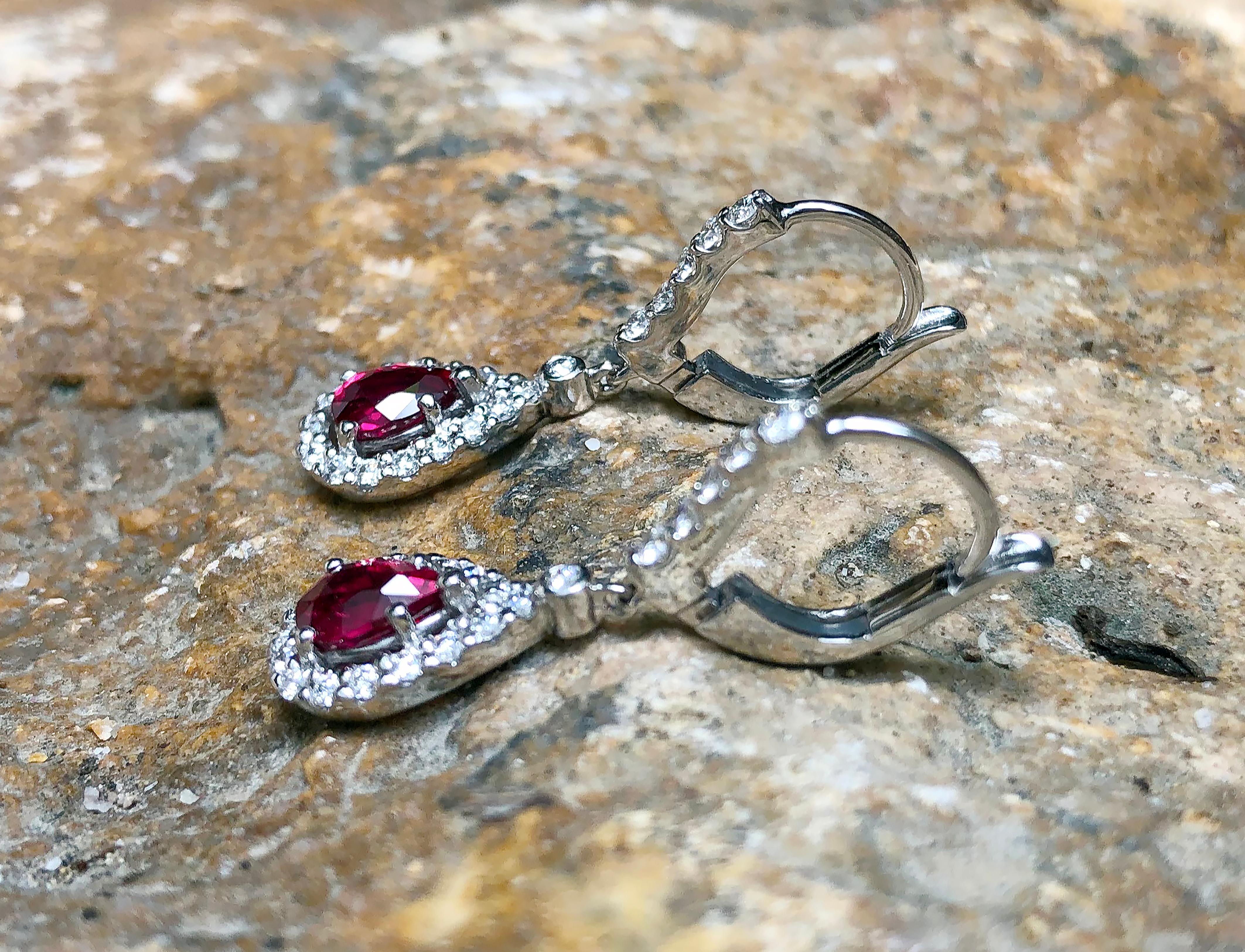 Pear Cut Ruby with Diamond Earrings Set in 18 Karat White Gold Settings For Sale