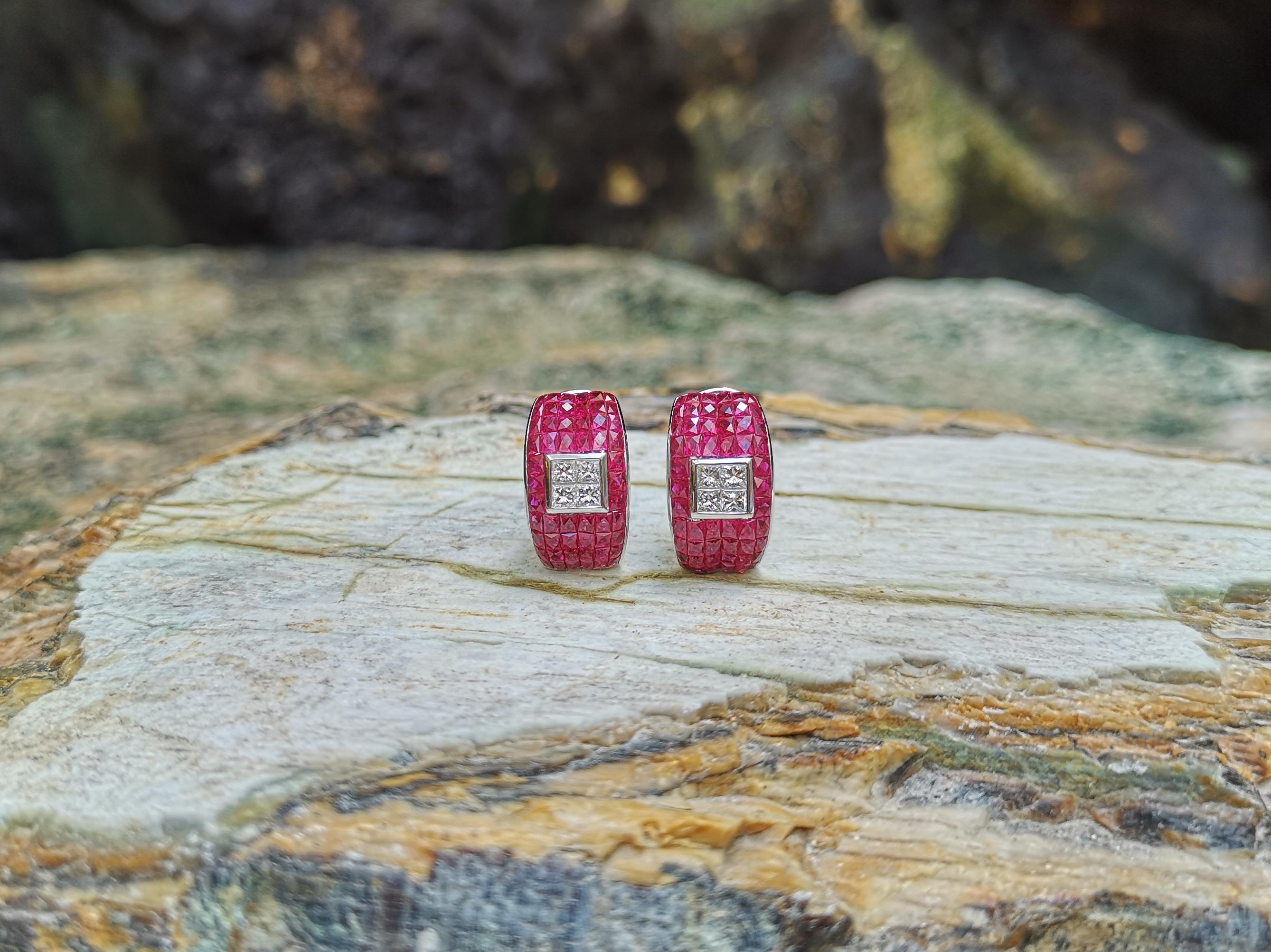 Contemporary Ruby with Diamond Earrings Set in 18 Karat White Gold Settings For Sale