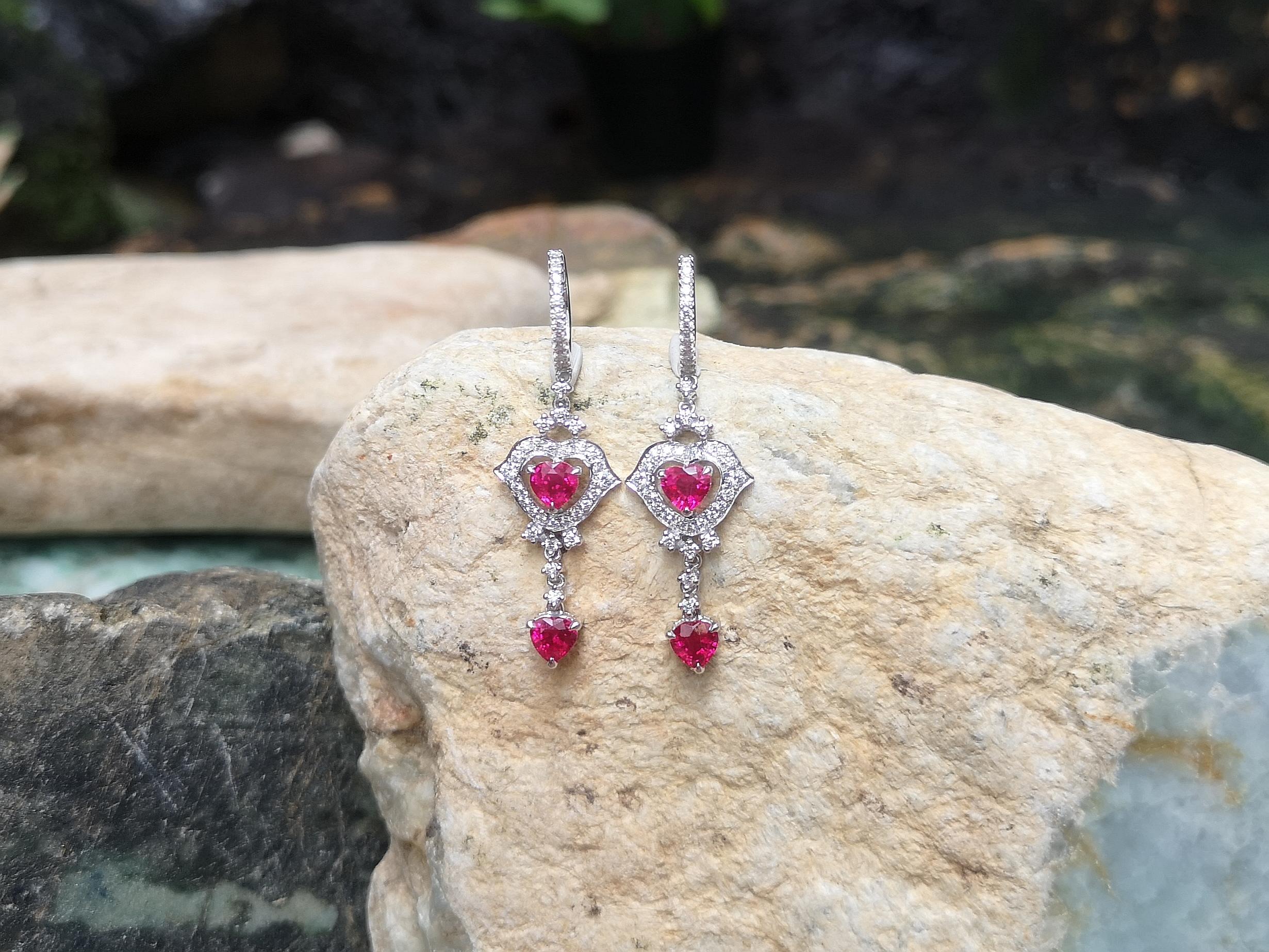 Heart Cut Ruby with Diamond Earrings Set in 18 Karat White Gold Settings For Sale
