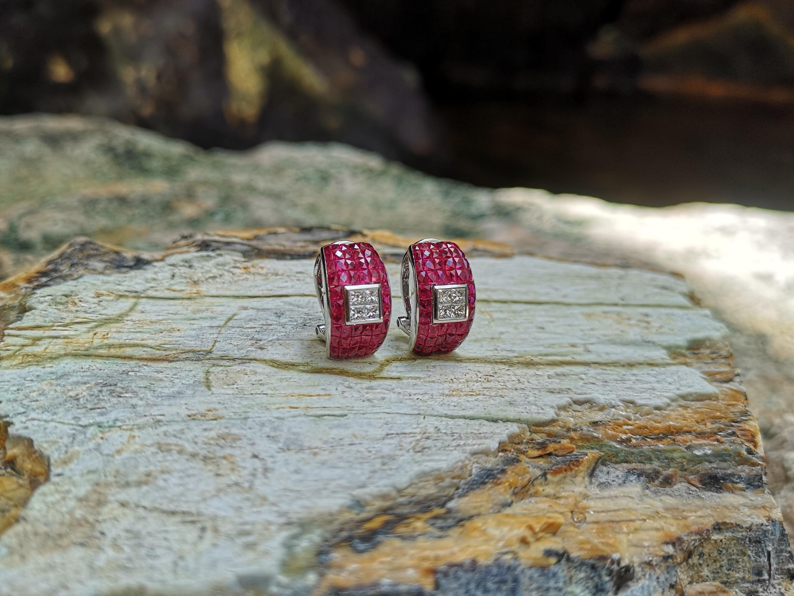 Square Cut Ruby with Diamond Earrings Set in 18 Karat White Gold Settings For Sale
