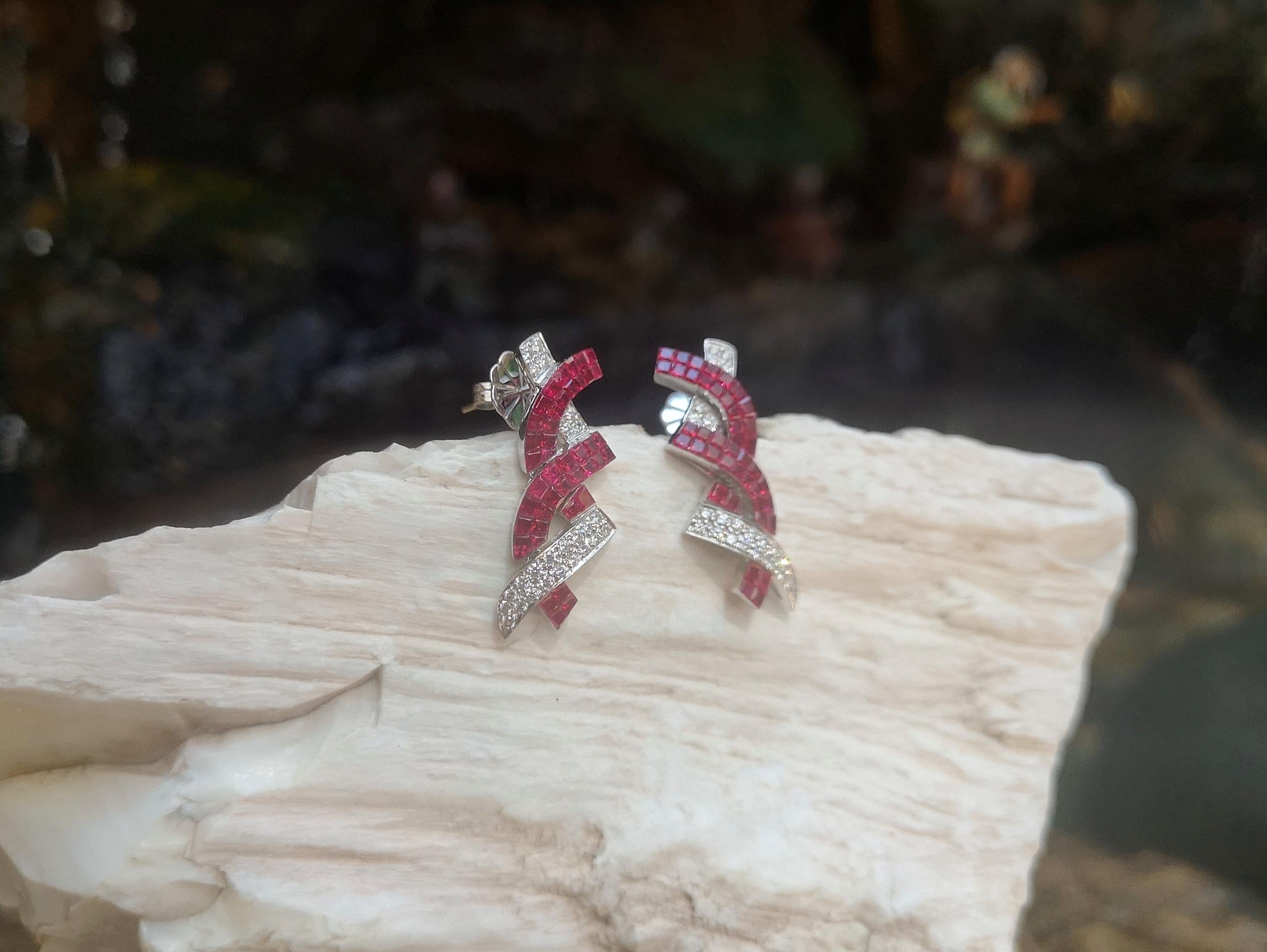 Mixed Cut Ruby with Diamond Earrings Set in 18 Karat White Gold Settings For Sale