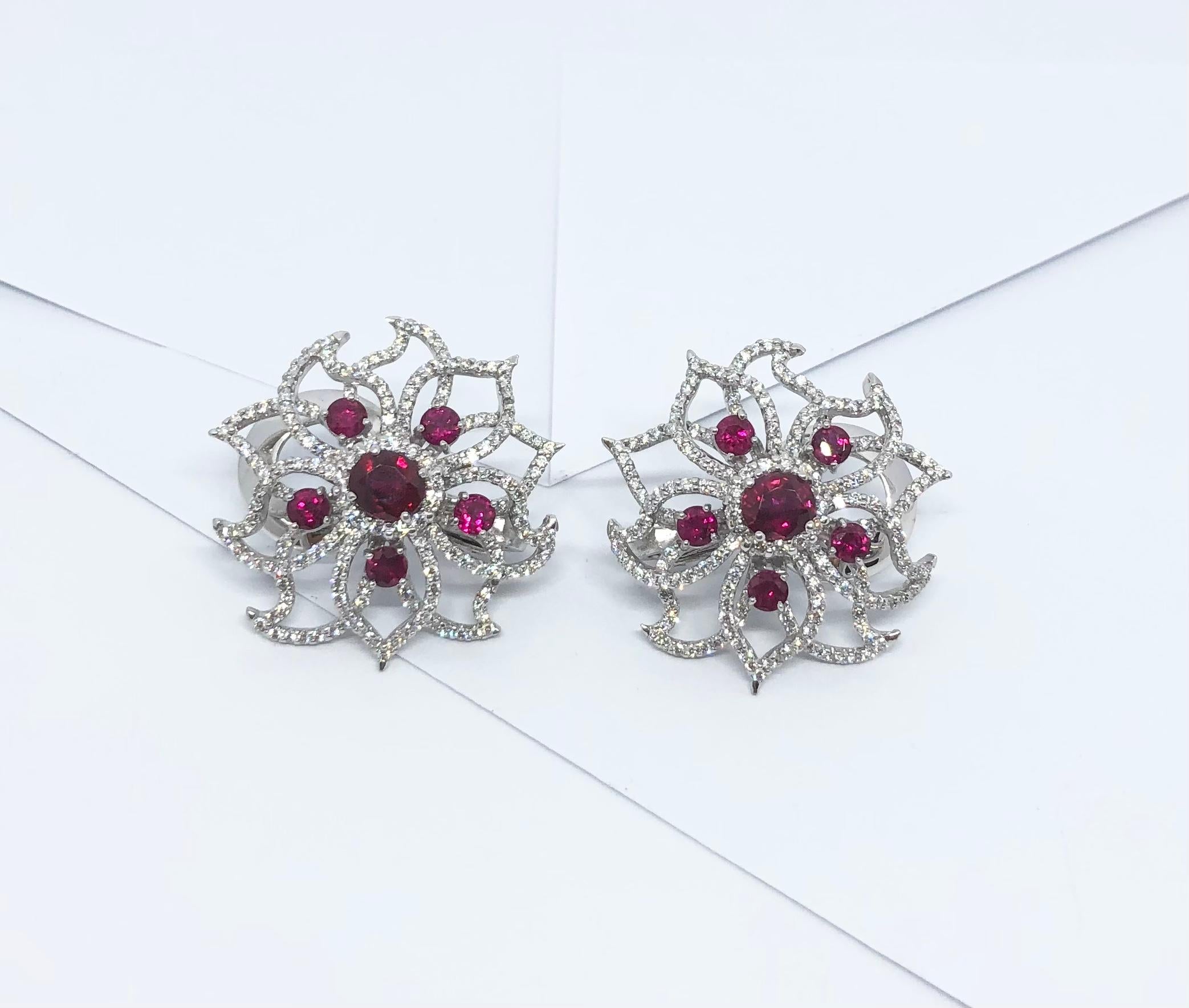 Mixed Cut Ruby with Diamond Earrings set in 18 Karat White Gold Settings For Sale
