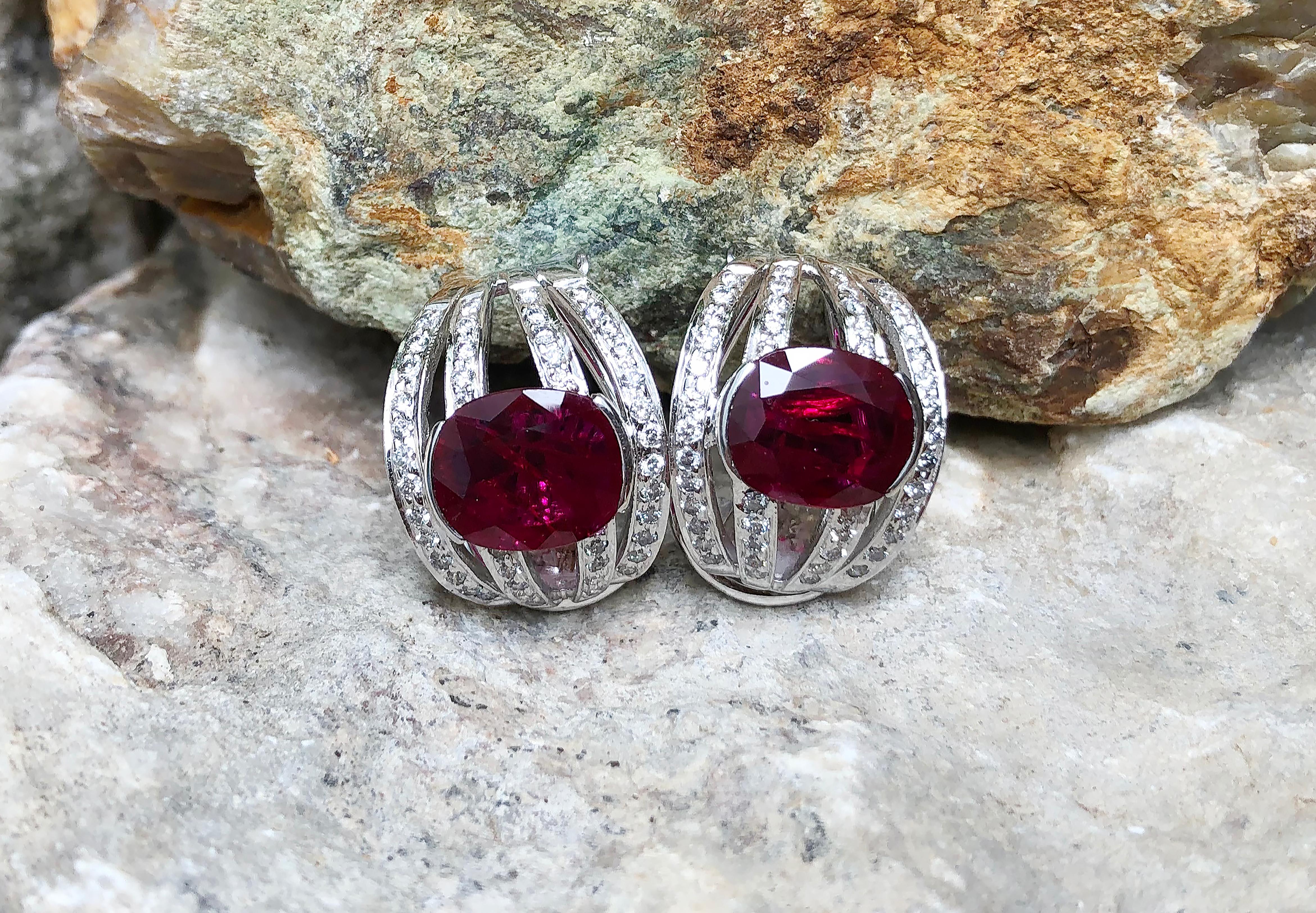 Women's Ruby with Diamond Earrings Set in 18 Karat White Gold Settings For Sale