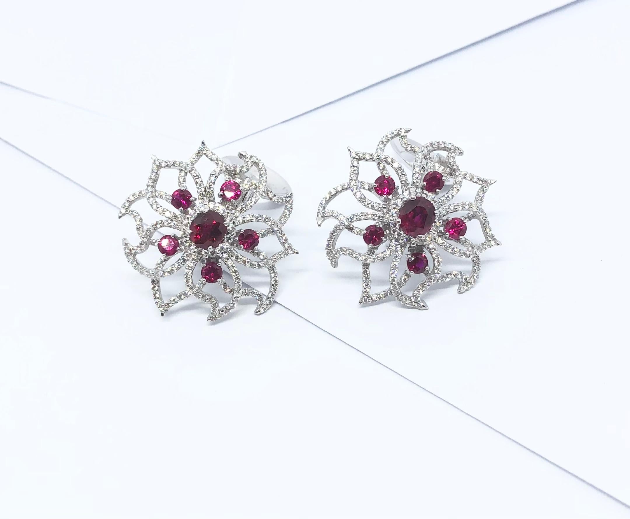 Ruby with Diamond Earrings set in 18 Karat White Gold Settings For Sale 1