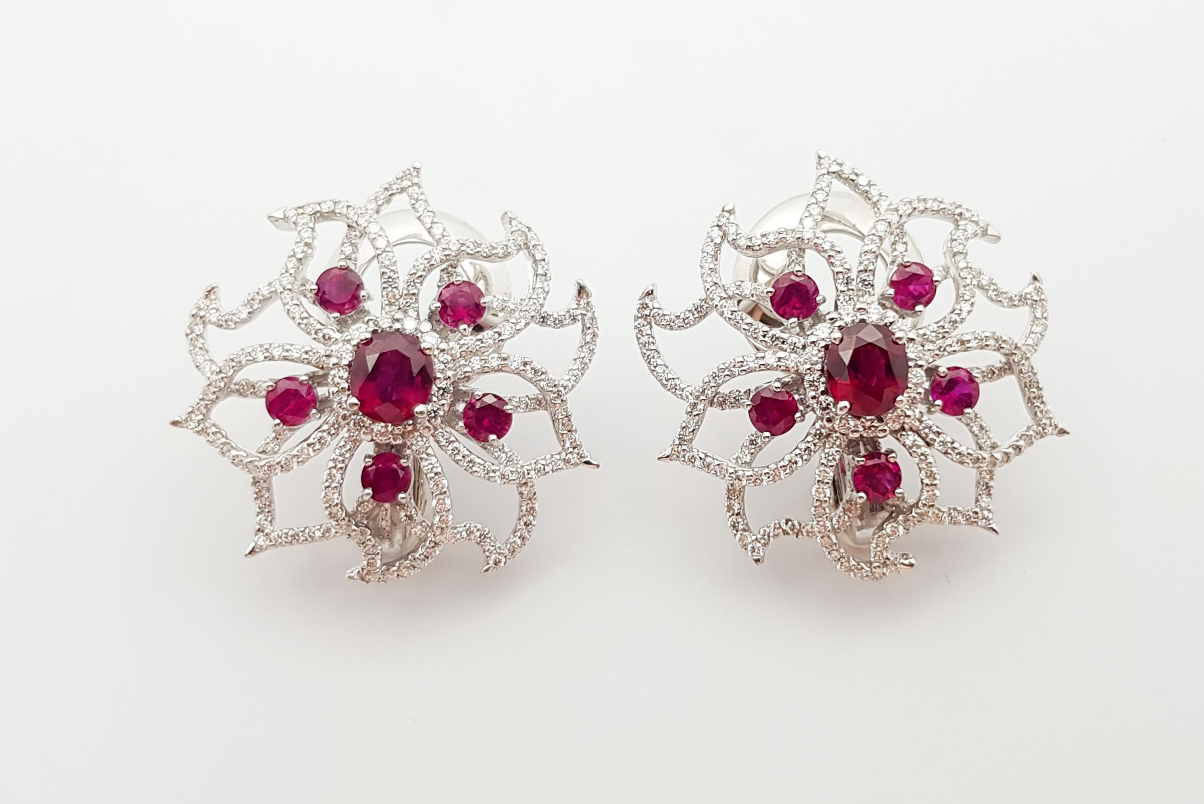 Ruby with Diamond Earrings set in 18 Karat White Gold Settings For Sale 2