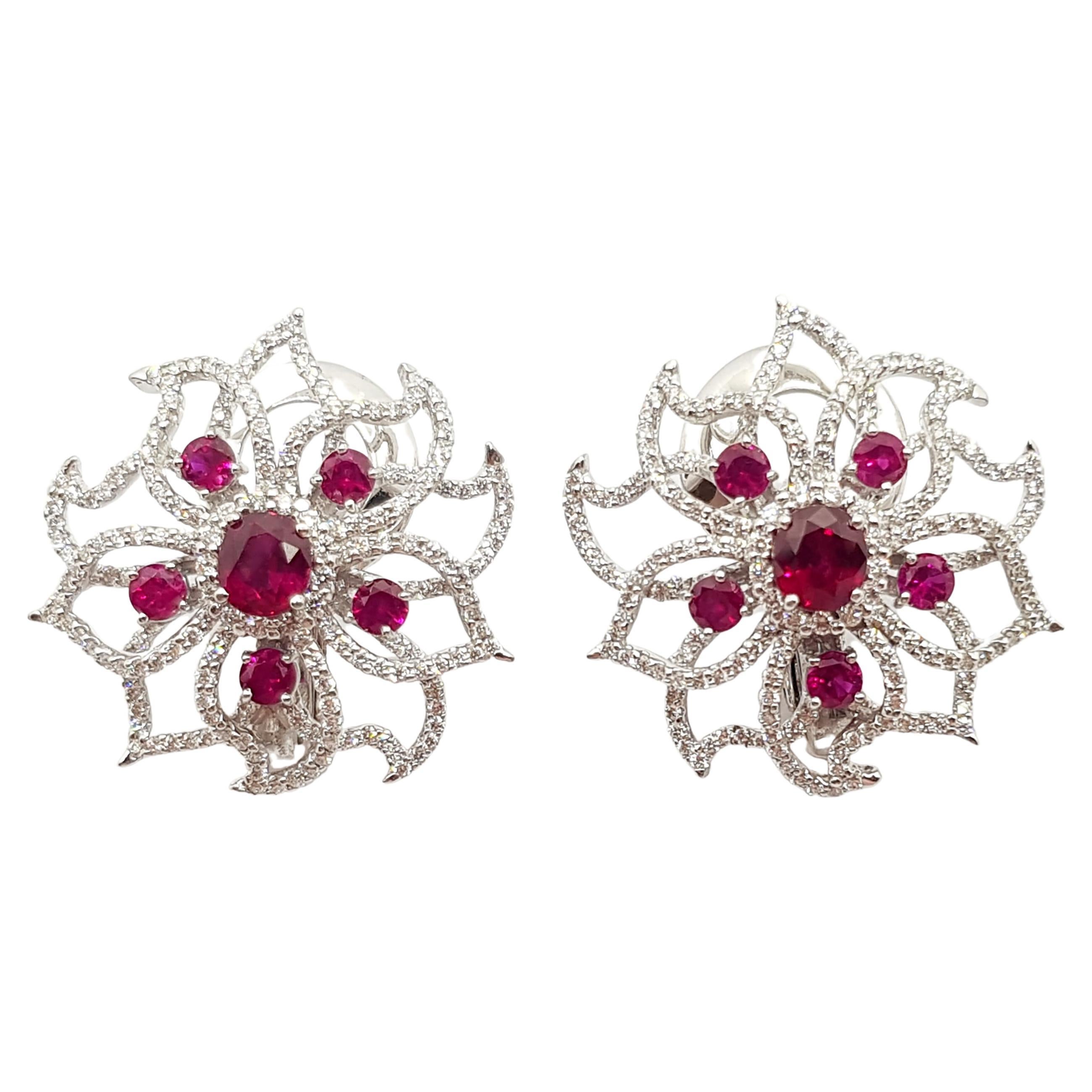 Ruby with Diamond Earrings set in 18 Karat White Gold Settings For Sale