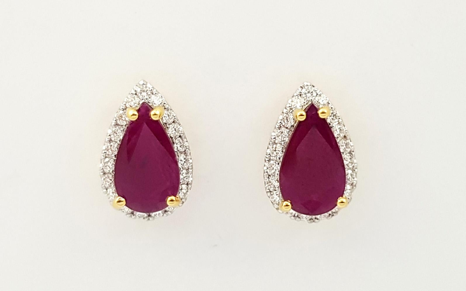 Pear Cut Ruby with Diamond Earrings set in 18K Gold Settings For Sale