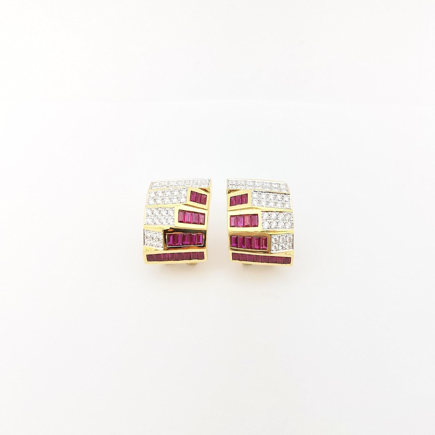 Baguette Cut Ruby with Diamond Earrings set in 18K Gold Settings For Sale