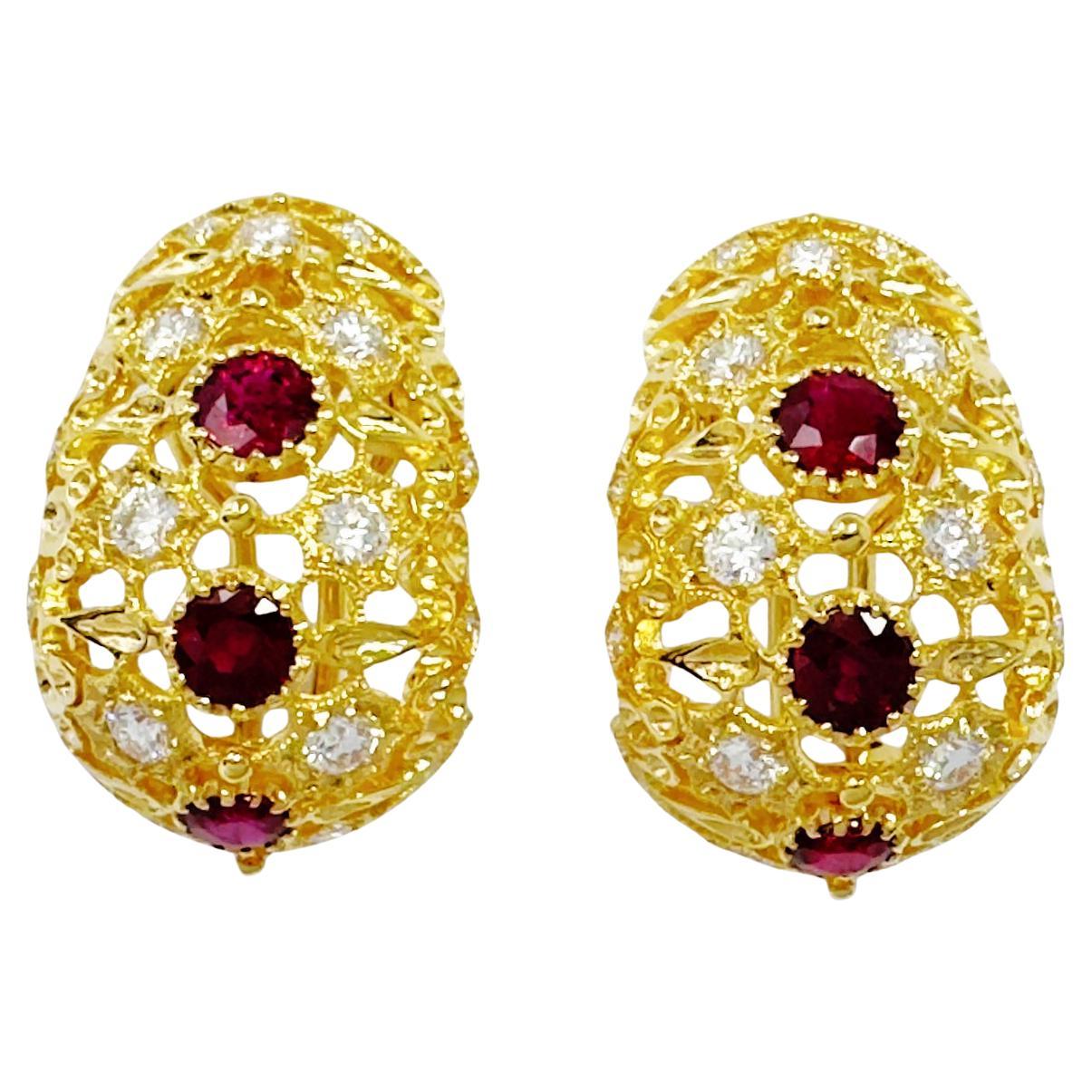 Ruby with Diamond Earrings set in 18K Gold Settings