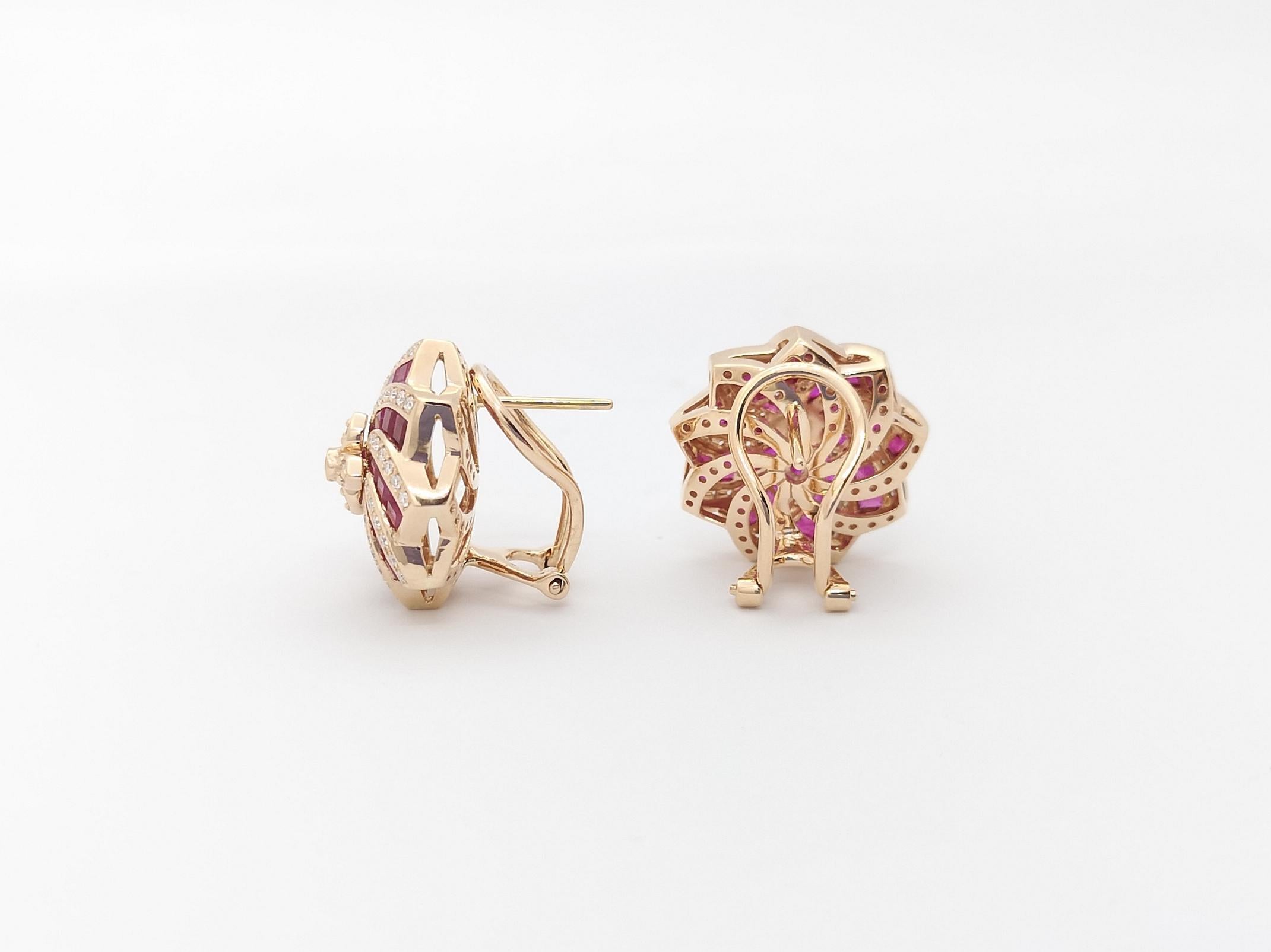 Women's Ruby with Diamond Earrings Set in 18k Rose Gold Settings For Sale