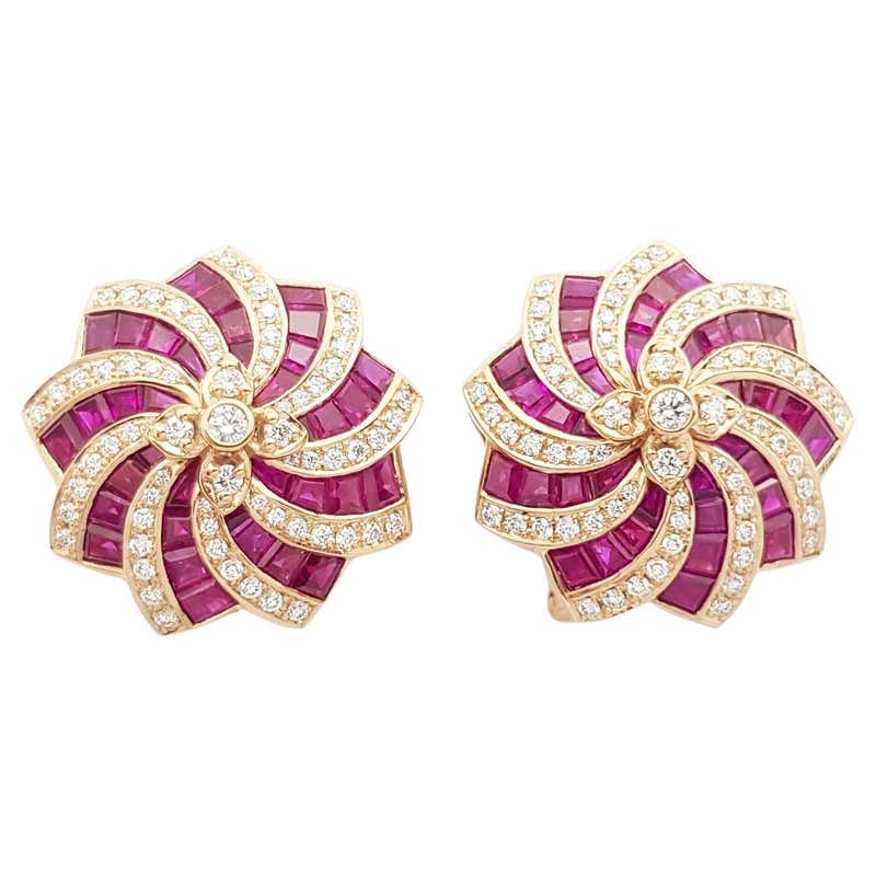 Ruby with Diamond Flower Earrings Set in 18k Rose Gold Setting For Sale ...