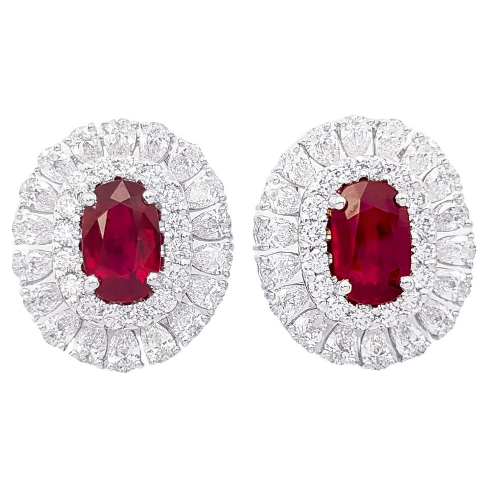 1.29 Carat of Oval Shape Ruby and Diamond Drop Earrings in 18K White ...