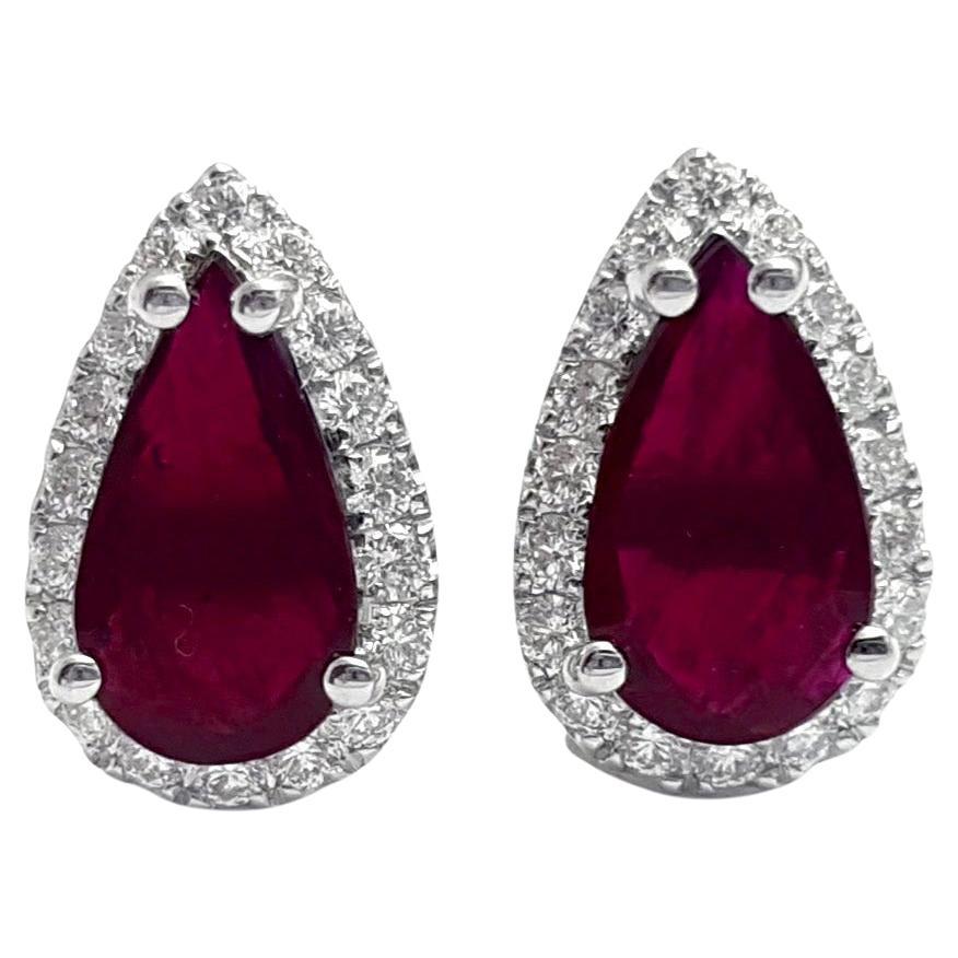 Ruby with Diamond Earrings set in 18K White Gold Setting