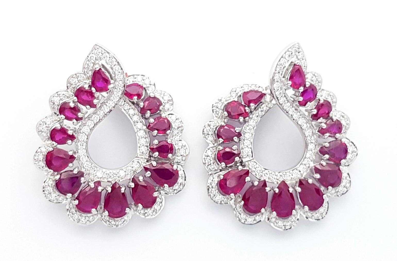 Contemporary Ruby with Diamond Earrings Set in 18k White Gold Settings For Sale