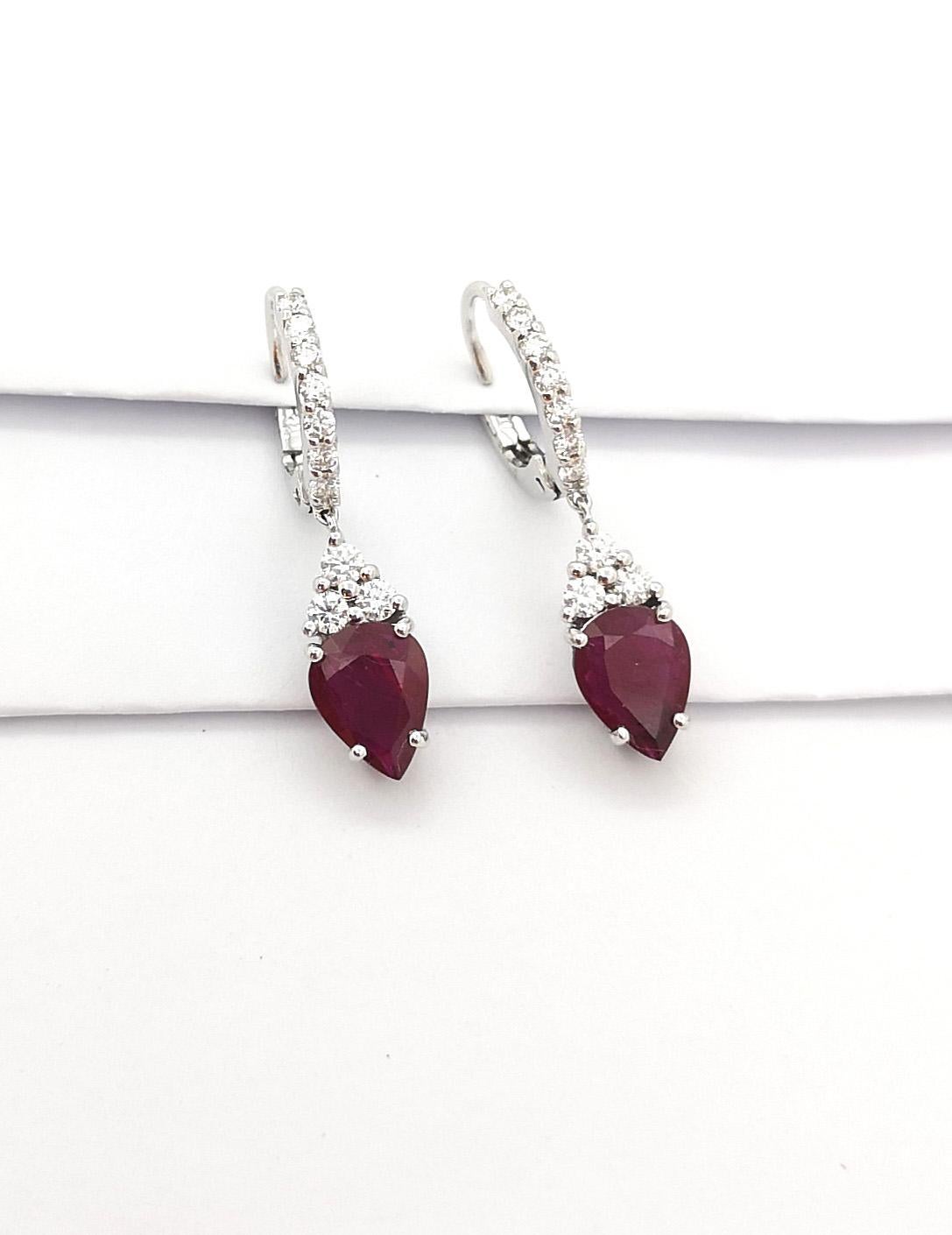 Contemporary Ruby with Diamond Earrings set in 18K White Gold Settings For Sale