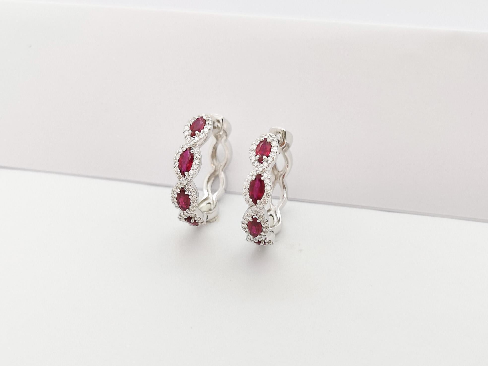 Marquise Cut Ruby with Diamond Earrings set in 18K White Gold Settings For Sale