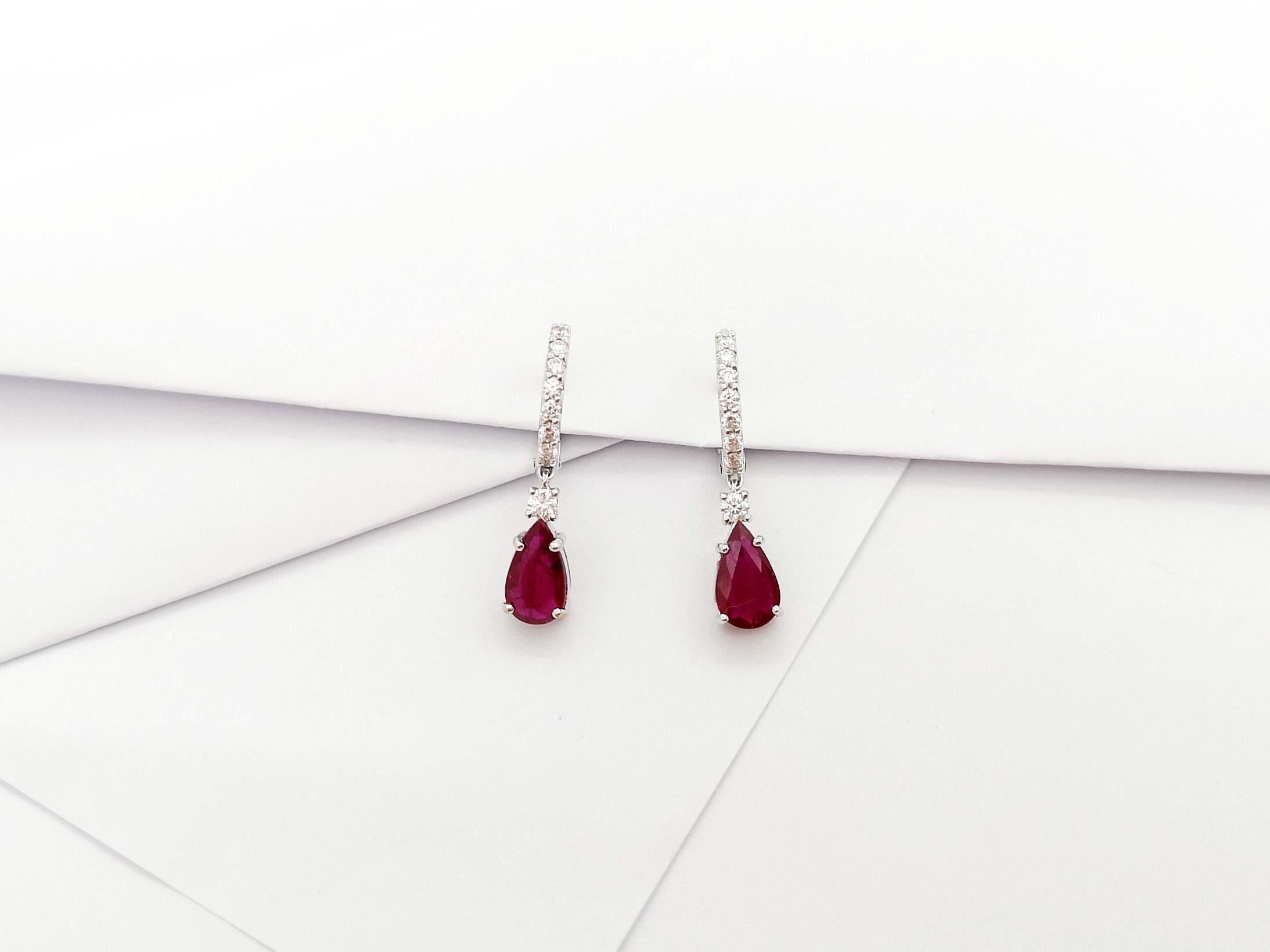 Pear Cut Ruby with Diamond Earrings set in 18K White Gold Settings For Sale