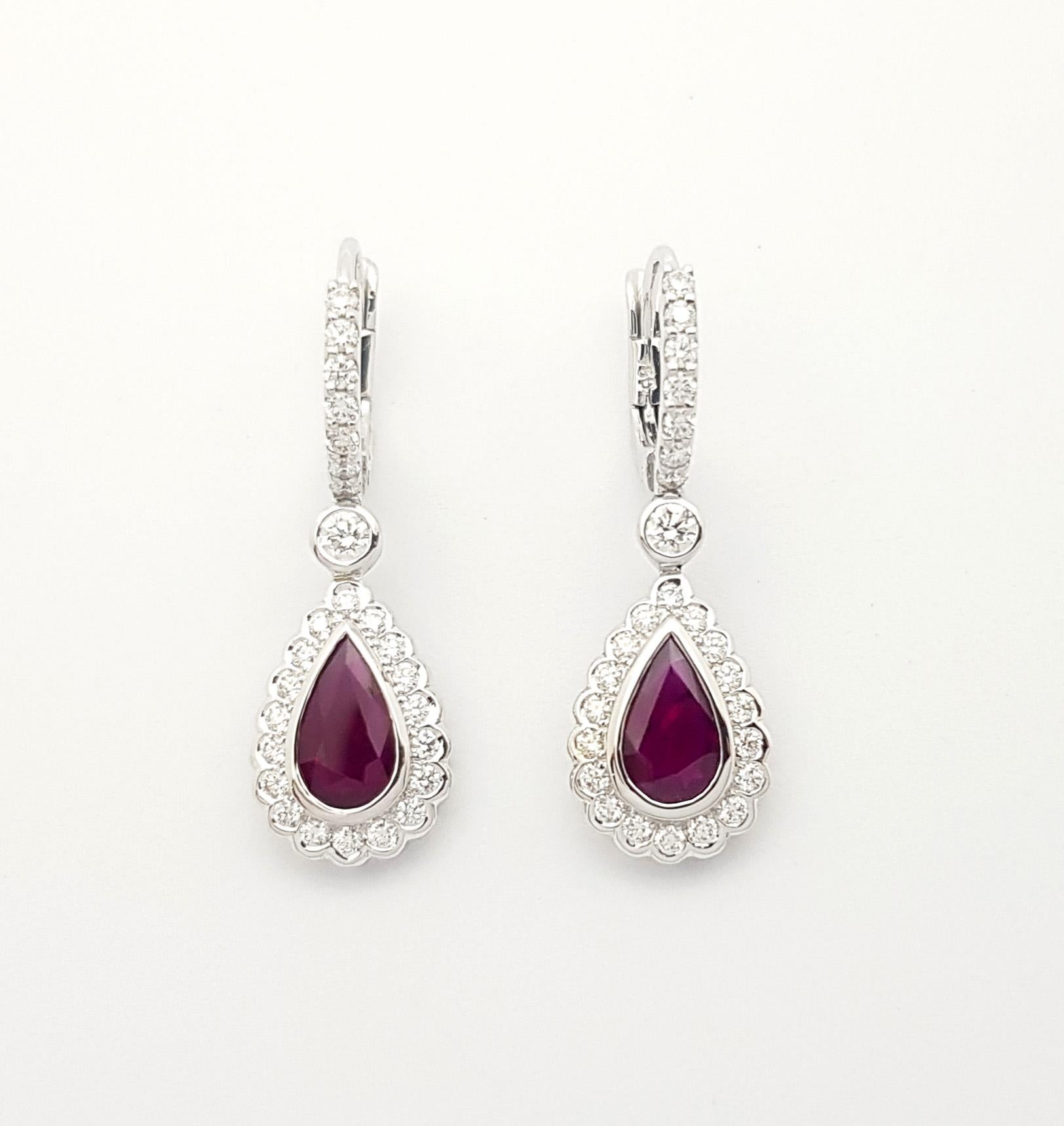 Women's Ruby with Diamond Earrings set in 18K White Gold Settings For Sale