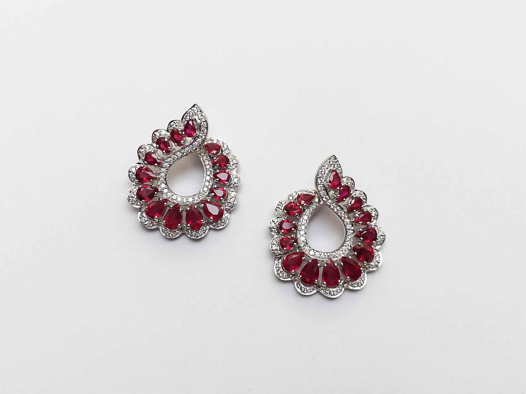 Women's Ruby with Diamond Earrings Set in 18k White Gold Settings For Sale