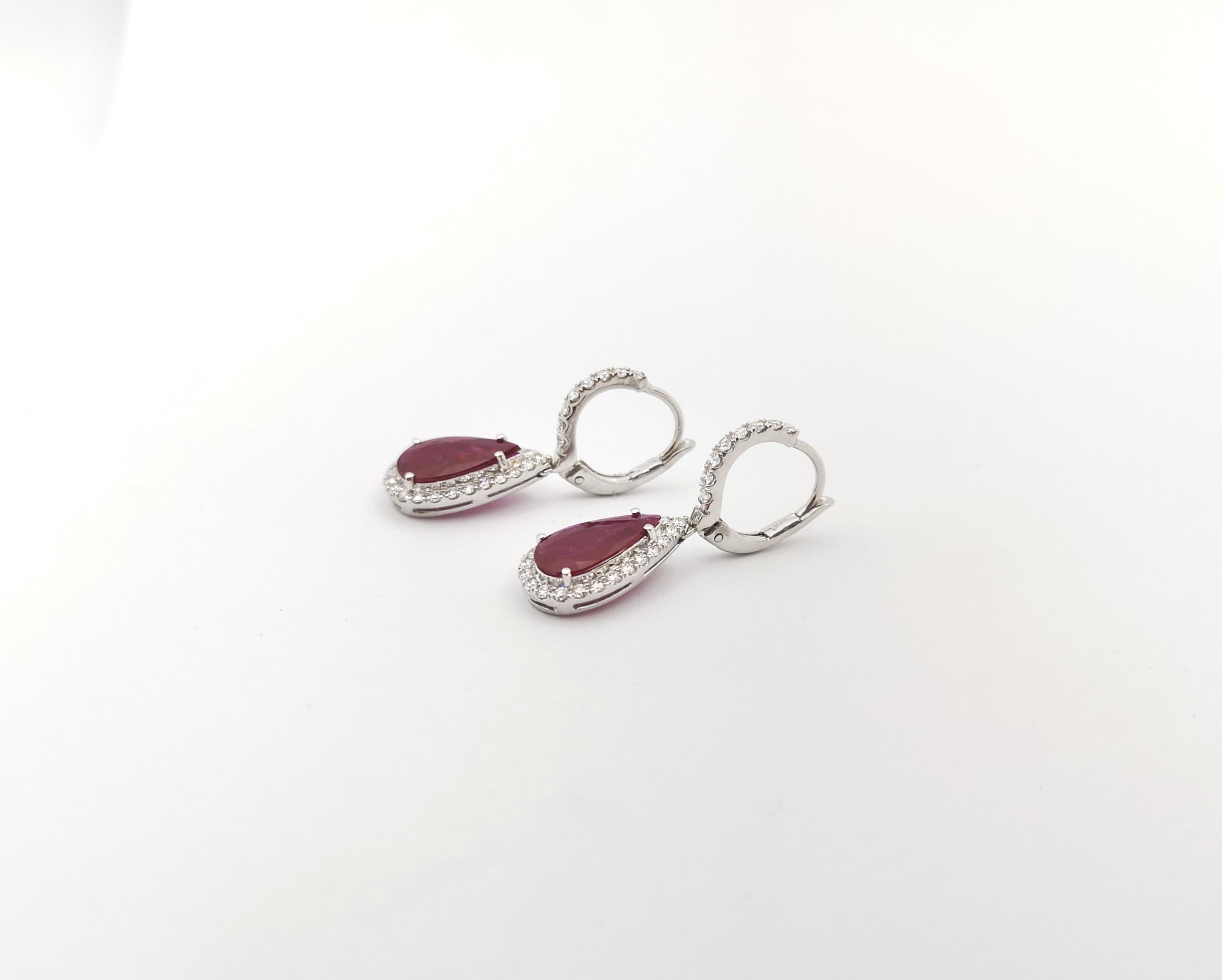 Women's or Men's Ruby with Diamond Earrings set in 18K White Gold Settings For Sale